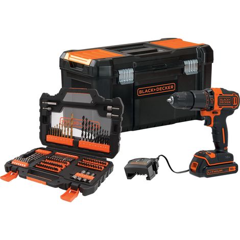 BLACK+DECKER Perceuse à percussion sans fil - 18 V - 1,5 Ah - 2 Vitesses - 104 accessoires - Livrée en boite à outil (BDCHD18S1KA-QW) — vue 1