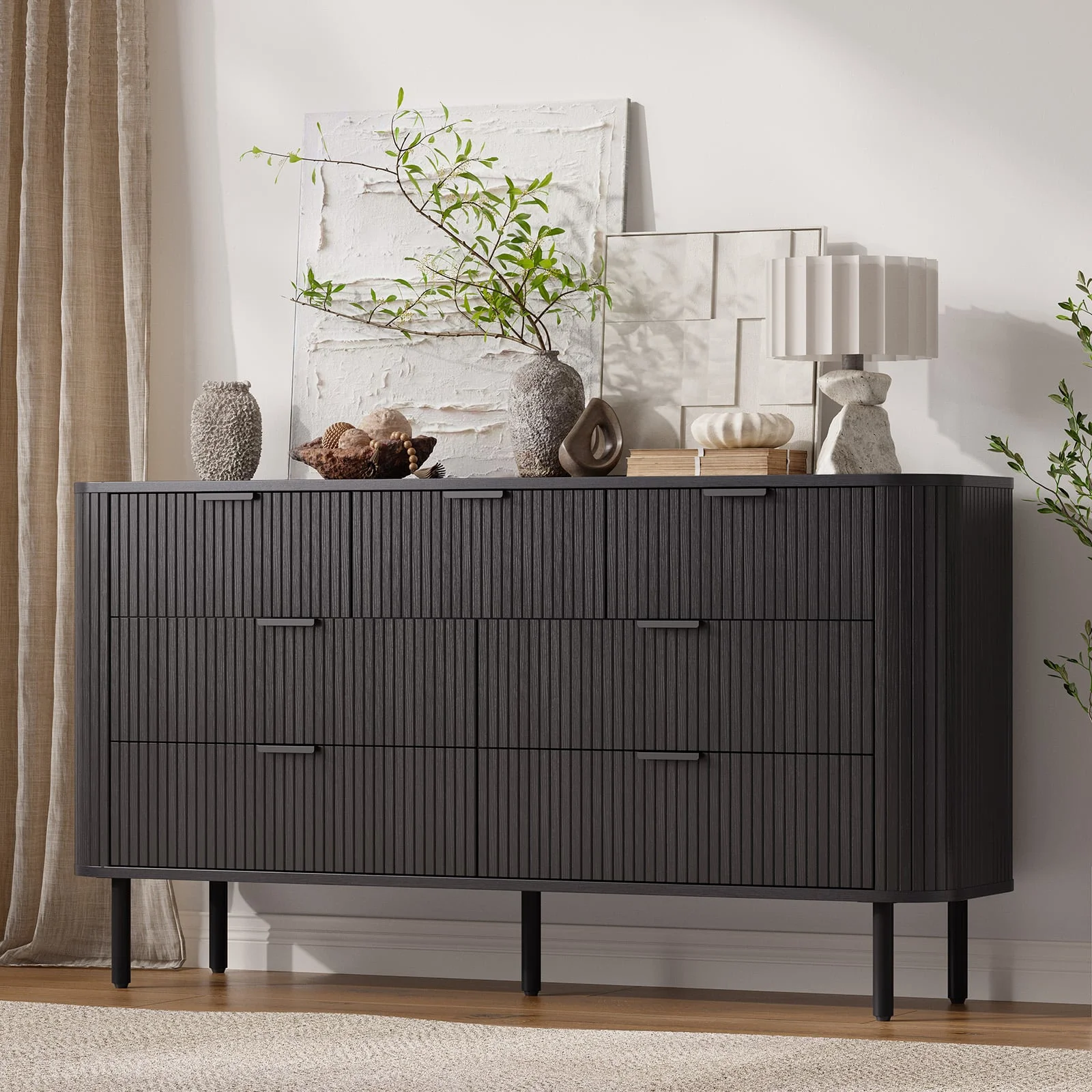 7-Drawer Fluted Dresser for Bedroom, 60 Inch Wide Modern Wood Chest with Metal Handles, Curved Profile Design Also Ideal as TV Stand for Living Room, Hallway, Black(Black) - Image 10