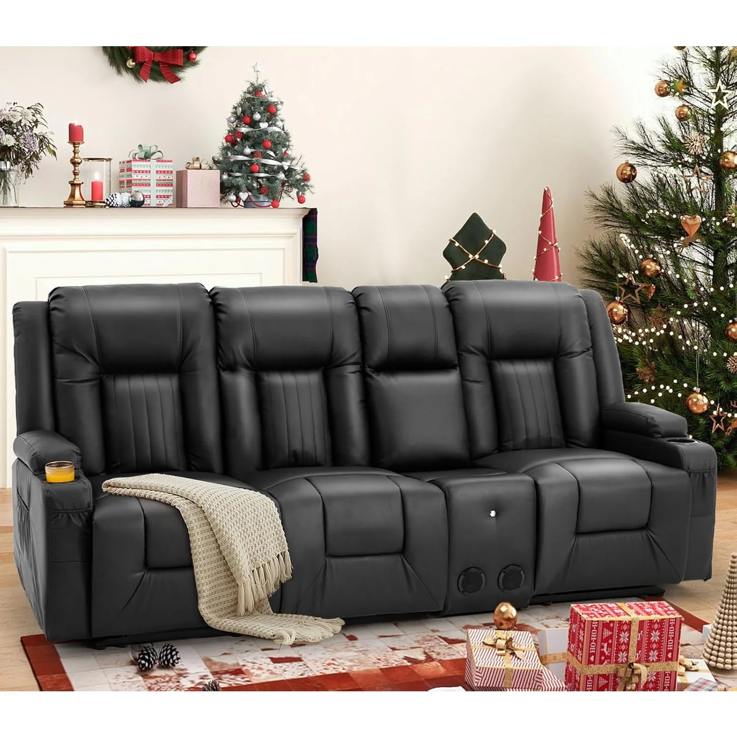 AECOJOY 3 Seater Recliner Sofa with Console&Bluetooth Speakers, Manual RV Sofa Couch, Black