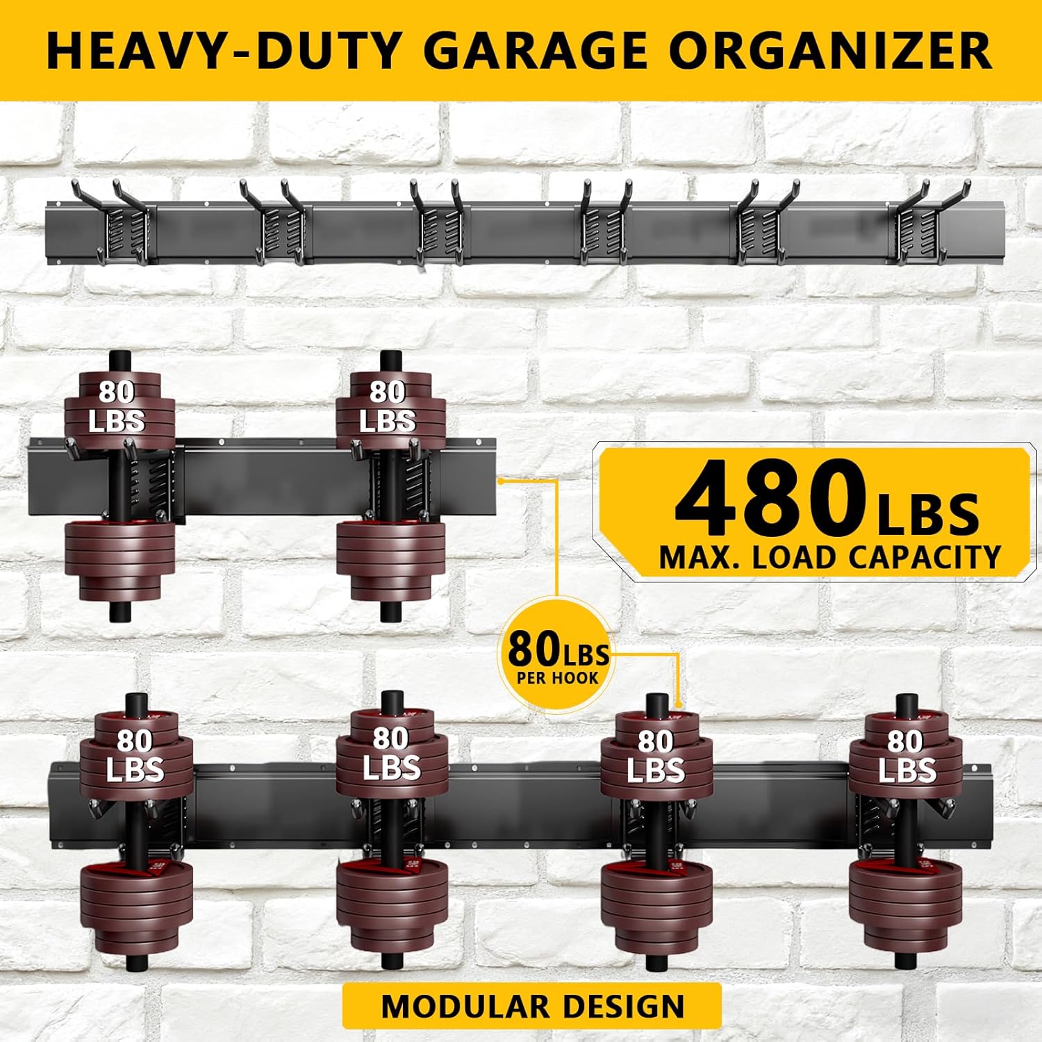 Garage Tool Organizer Wall Mount, 48-inch Heavy-Duty Garage Storage System and Garden Tool Organizer with 6 Adjustable Double Hooks for Shovel, Snowboard, Yard Tools and Shed