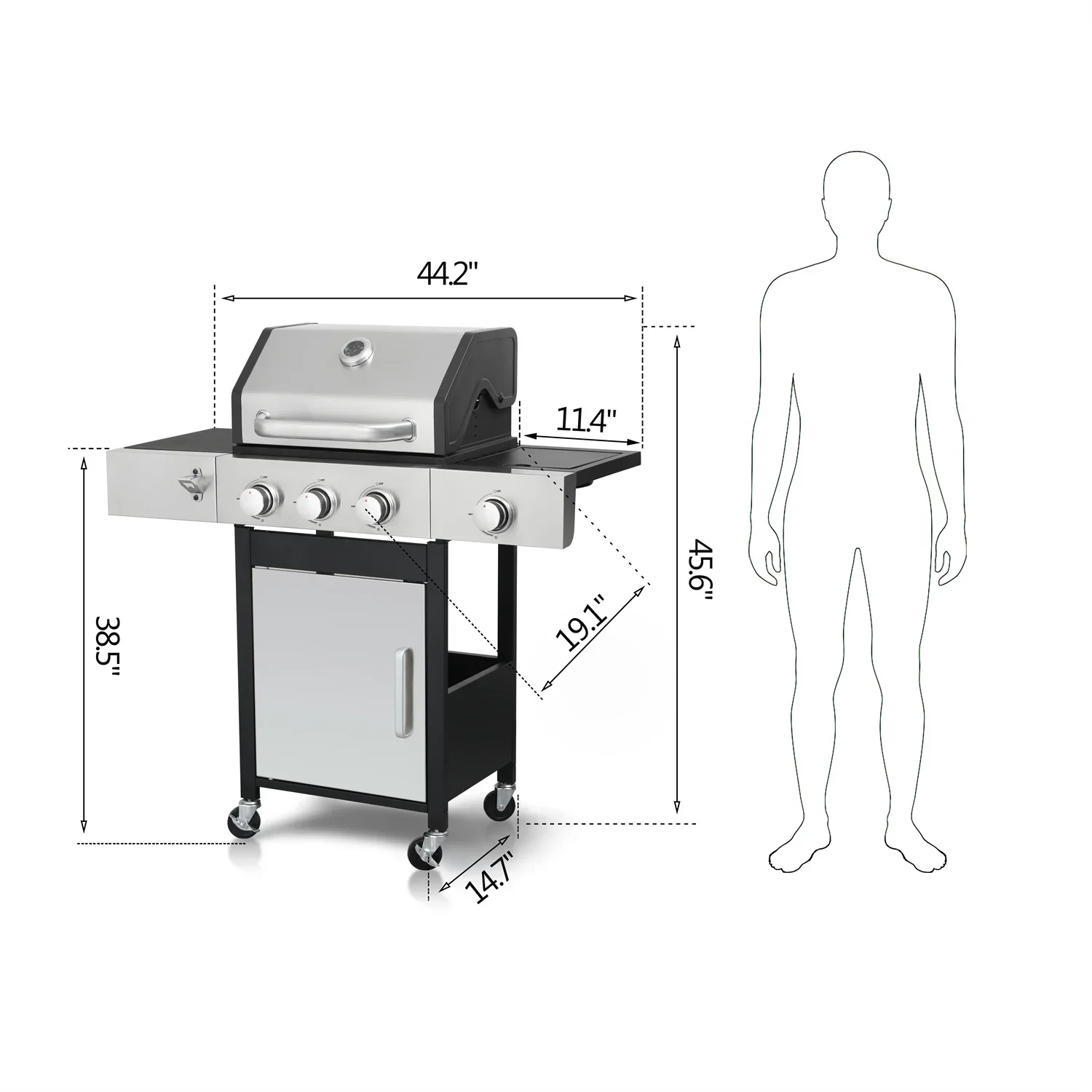 HighSound 3 Burner BBQ Propane Gas Grill, Stainless Steel 25650 BTU Patio Garden Barbecue Grill with Wire Enamel Cooking Grids & Foldable Shelves, Black