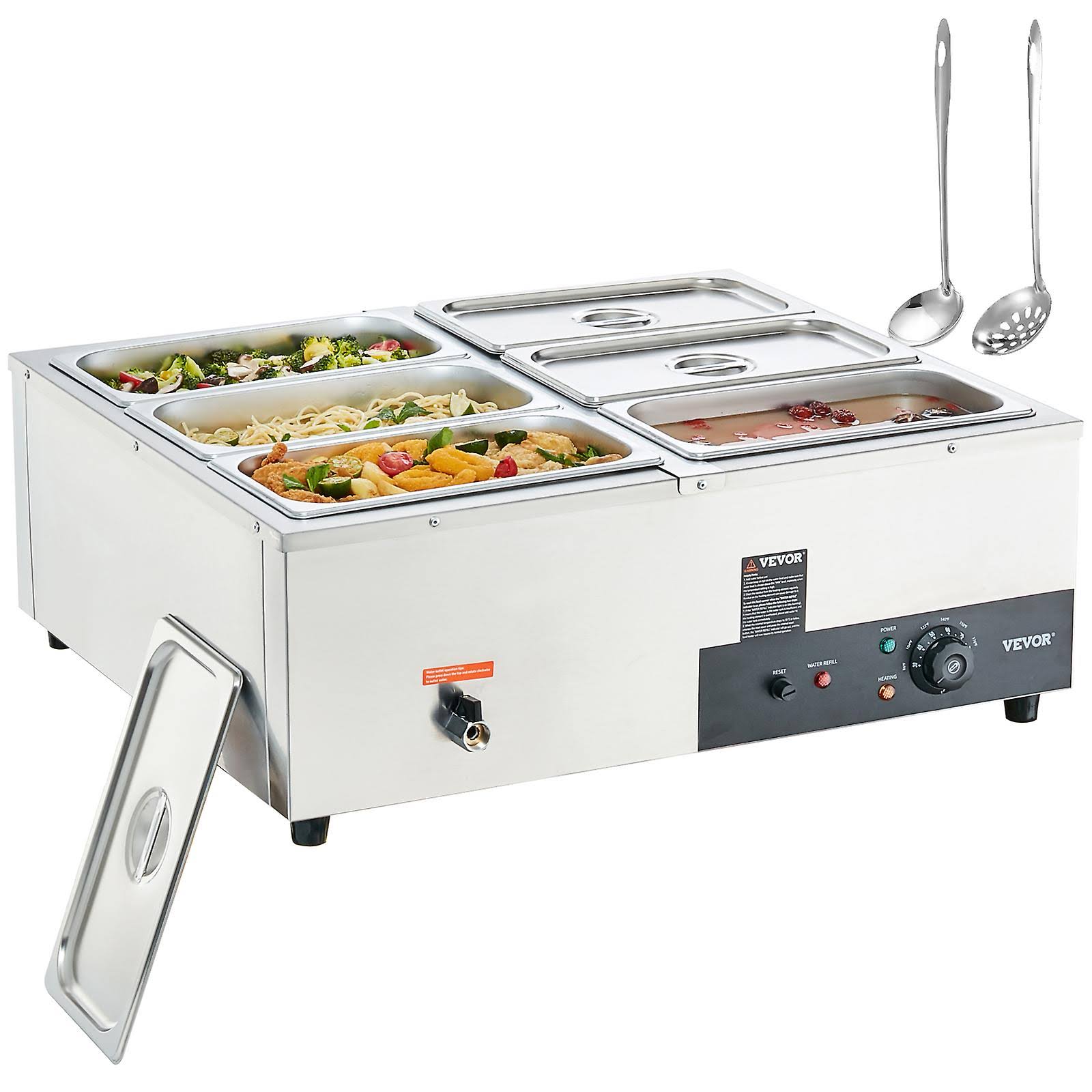 VEVOR 6-Pan Commercial Food Warmer 6 x 8qt Electric Steam Table 1200W Professional Countertop Stainless Steel Buffet Bain Marie with 86-185��F Temp