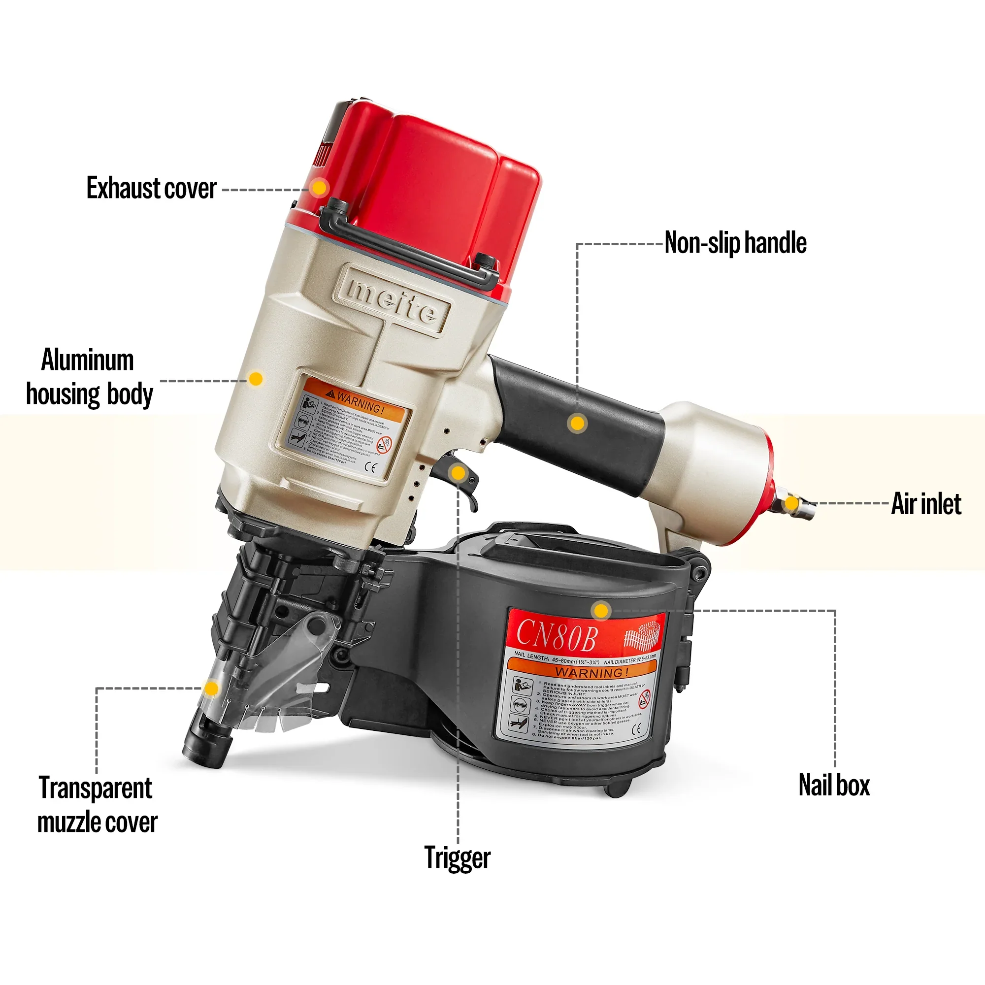 MEITE CN80B Pneumatic Coil Siding Nailer 15 Degree 2 to 3-1/4 Industrial Coil Nail Gun