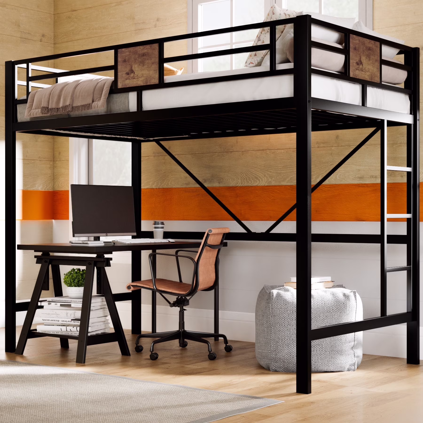 Twin Size Loft Bed Frame with 13''Fully Enclosed Guardrail and Removable Ladders, Black