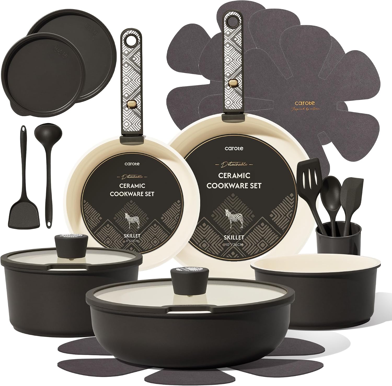 CAROTE 19pcs Pots and Pans Set Non Stick, Detachable Handle Cookware, Black