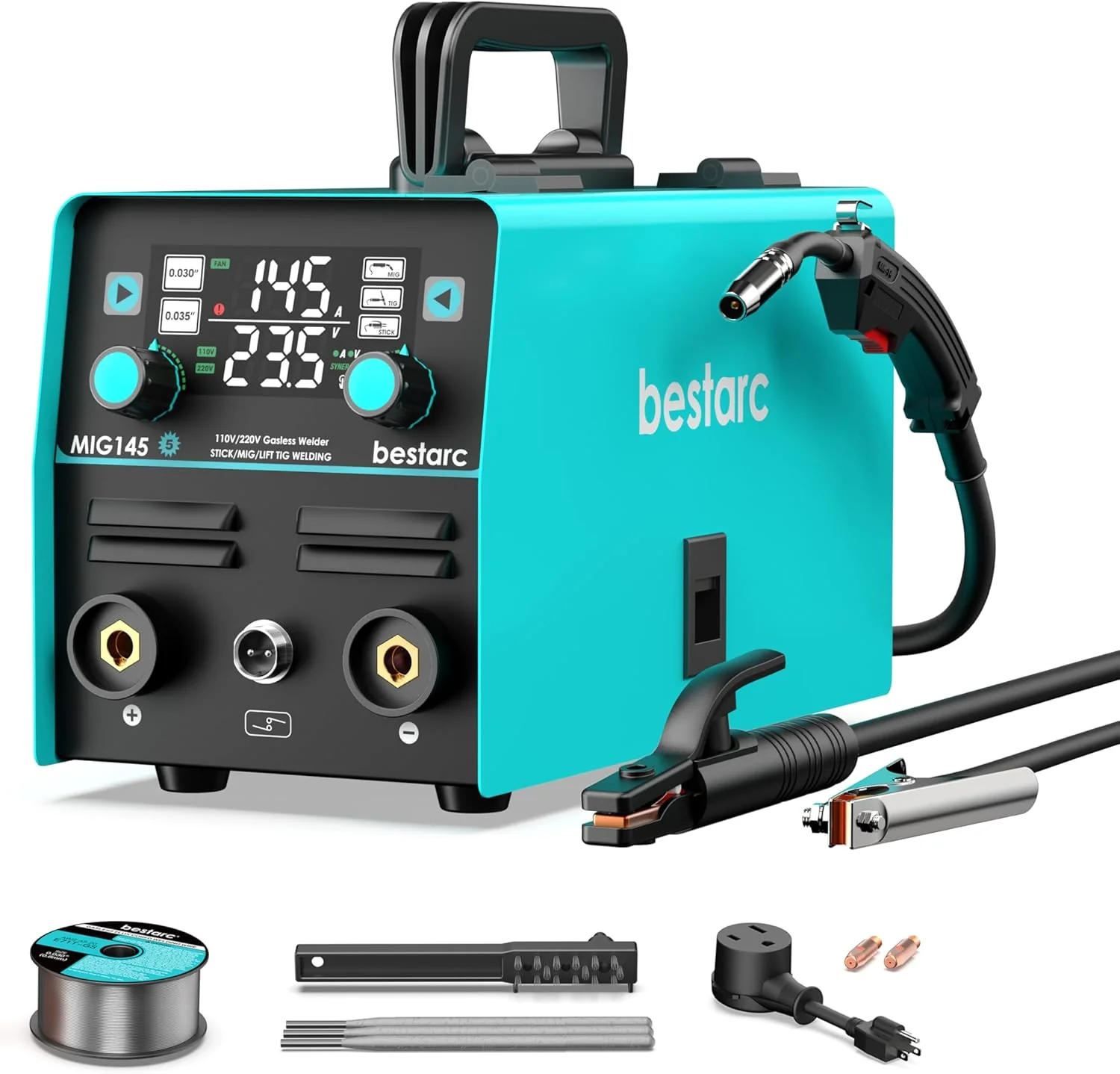 Poste à souder MIG 145 A, double tension 110 V/220 V, compatible avec les soudures à fil fourré (avec ou sans gaz), TIG Lift et électrode enrobée. Machine à souder 3 en 1 Synergic MIG145 9GEN, avec écran numérique.