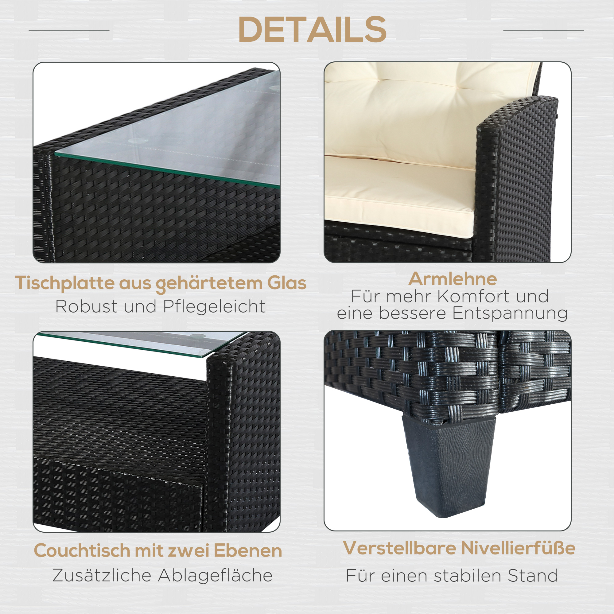 Outsunny poly-rotan zitset 4-delig Zitgroep tuinmeubel set lounge metaal zwart