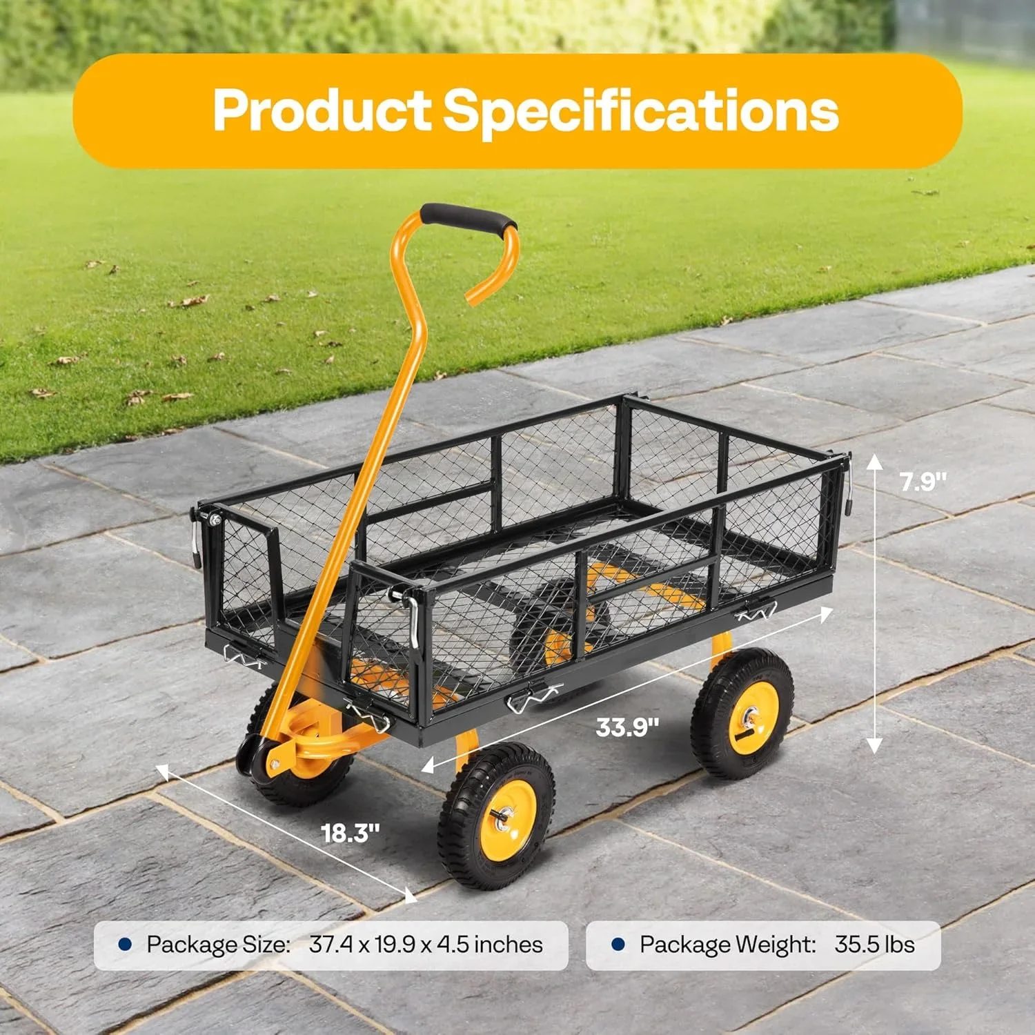 SPECSTAR Mesh Steel Garden Cart 880 lbs Capacity, 38 x 21 Folding Utility Wagon with 10 Inch Wheels