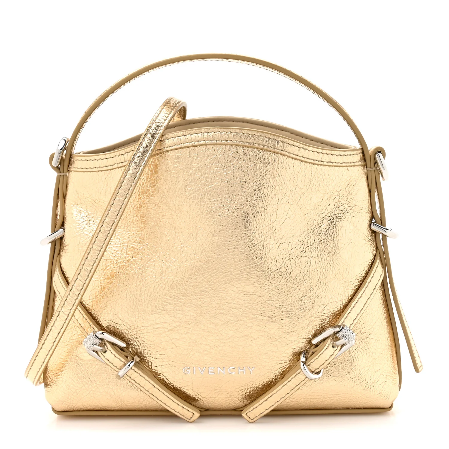Metallic Tumbled Calfskin Nano Voyou Bag Golden Sand