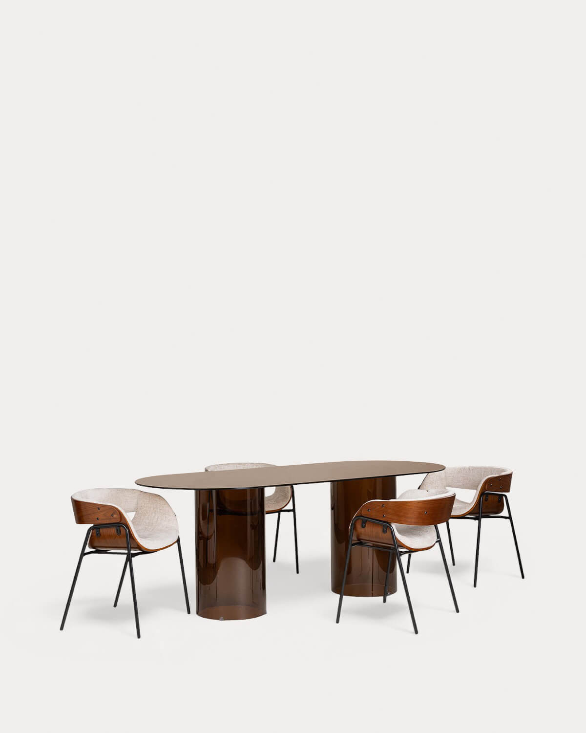 Set Kolu - Berlin - Set de Mesa de Comedor Ovalada de Cristal Templado (200x90 cm) Kolu y 4 Sillas de Madera y Tela Berlin