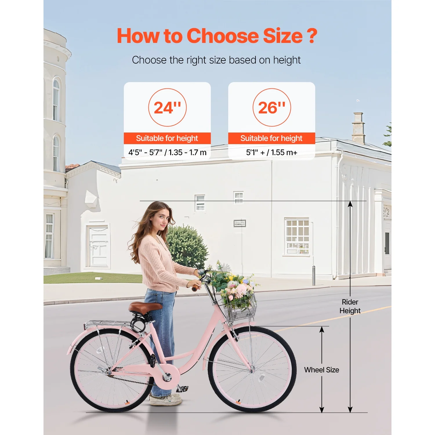 26" Cruiser Bike, Single Speed,Rose-Colored Seaside Cycling Bike with Spacious Basket and Back Stand, Reliable Robust Leisure Bicycle with Modifiable Saddle - Image 8