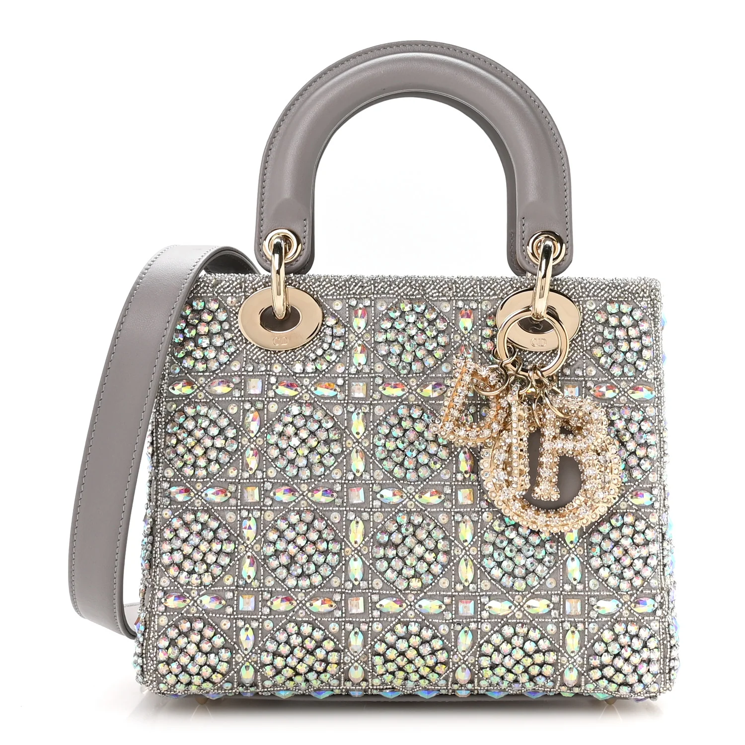 Calfskin Satin Celestial Bead Embroidery Embroidered Small Lady Dior Grey Multicolor
