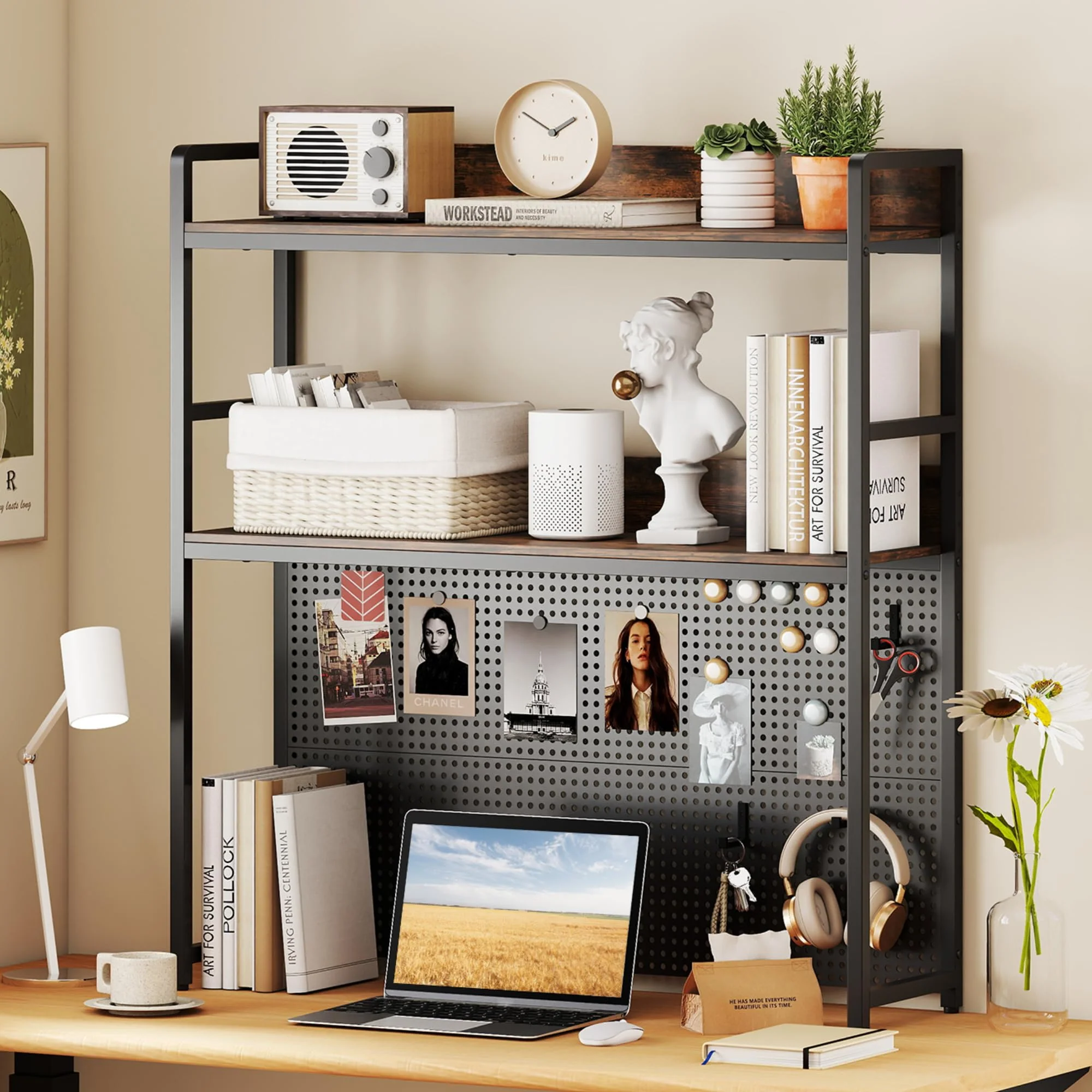 Tangkula Multipurpose 2-Tier Desk Hutch with Pegboard