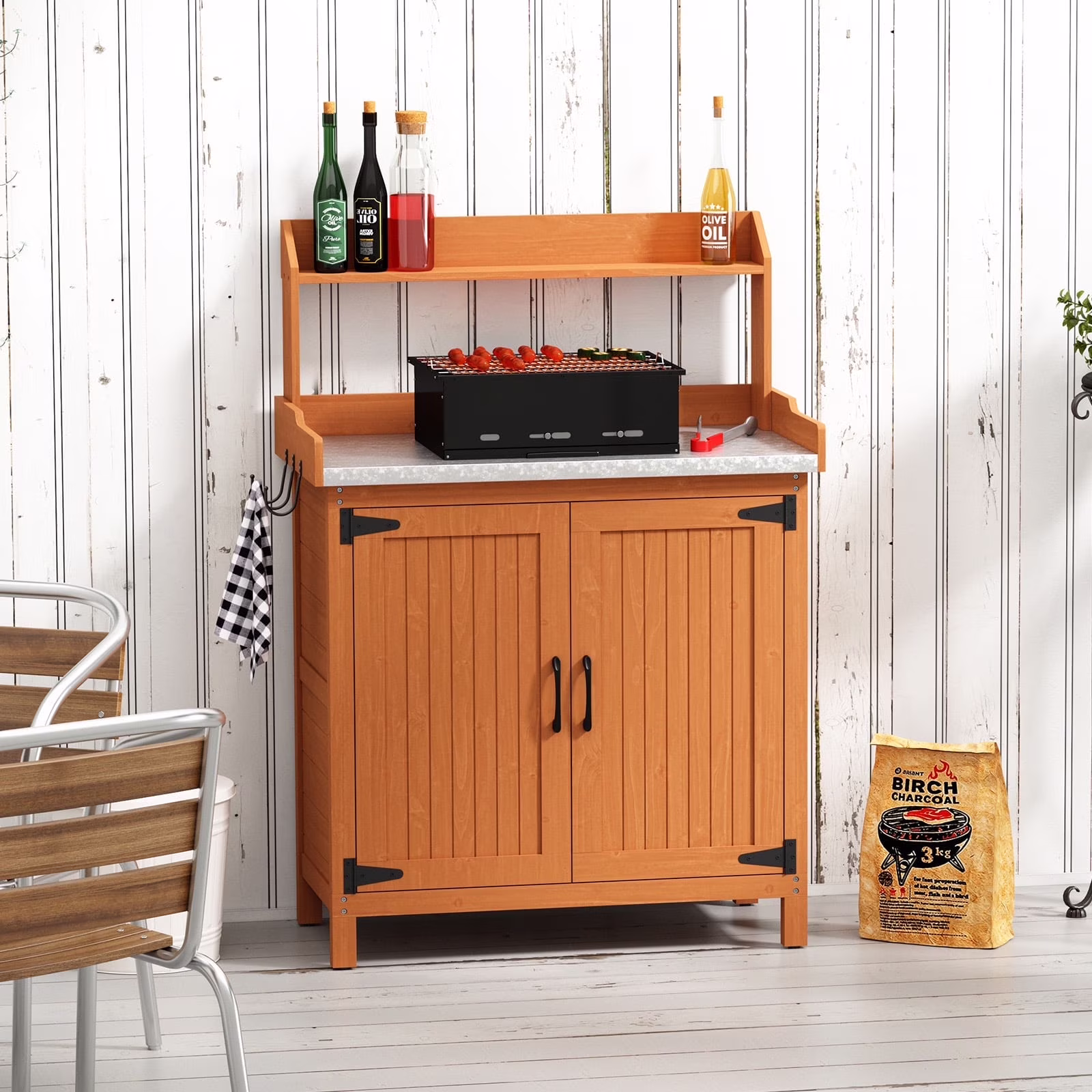 HLR Potting Bench with Storage, Galvanized Steel Tabletop Outdoor Potting Table with Storage for Garden Patio, Original Wood