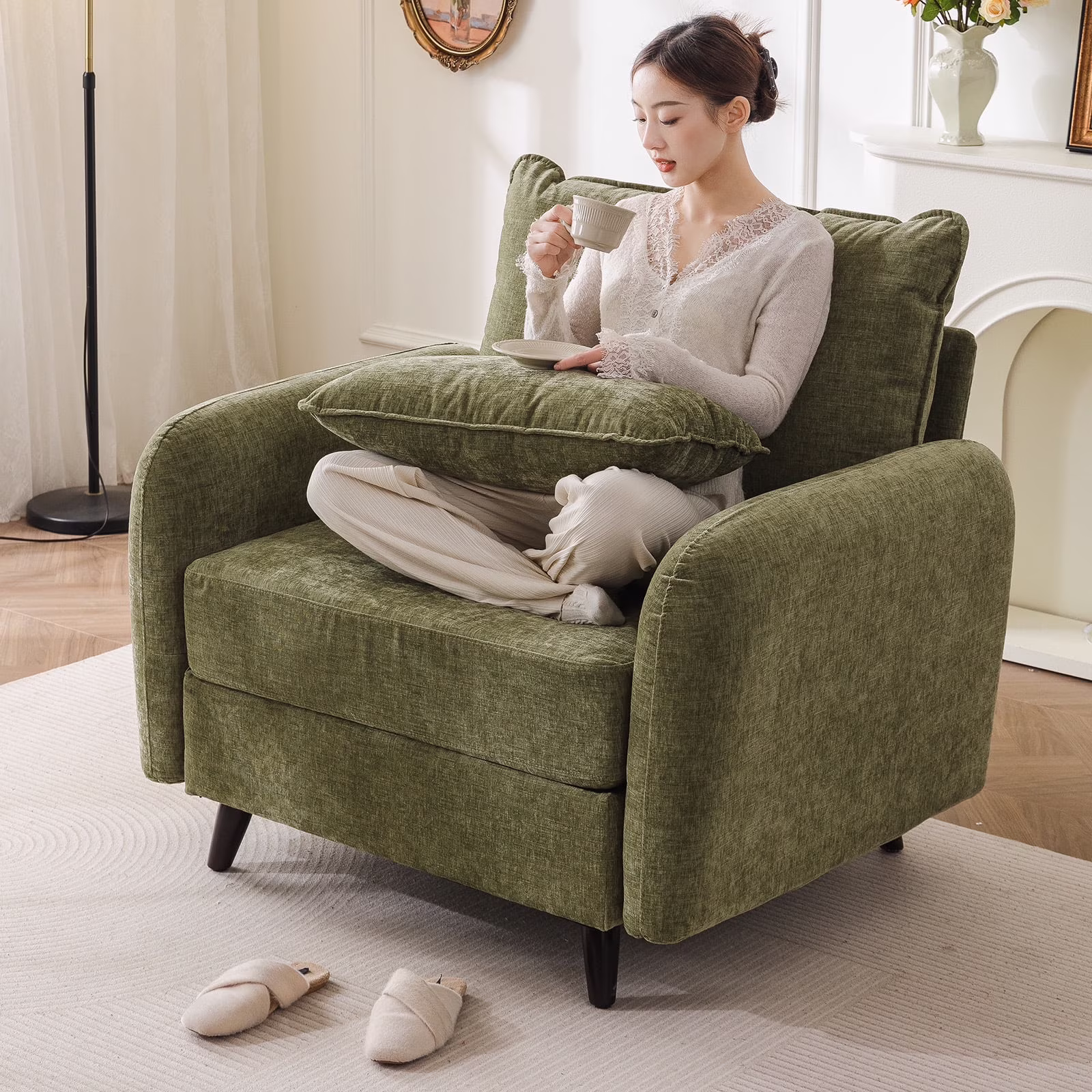 Rexulqo Oversized Accent Chair with All Seats Storage, Comfy Living Room Chairs with 2 Throw Pillow, Upholstered Mid - Century Armchair, 24.5'' Deep Seat, Reading Chair for Bedroom, Office, Chenille, Green