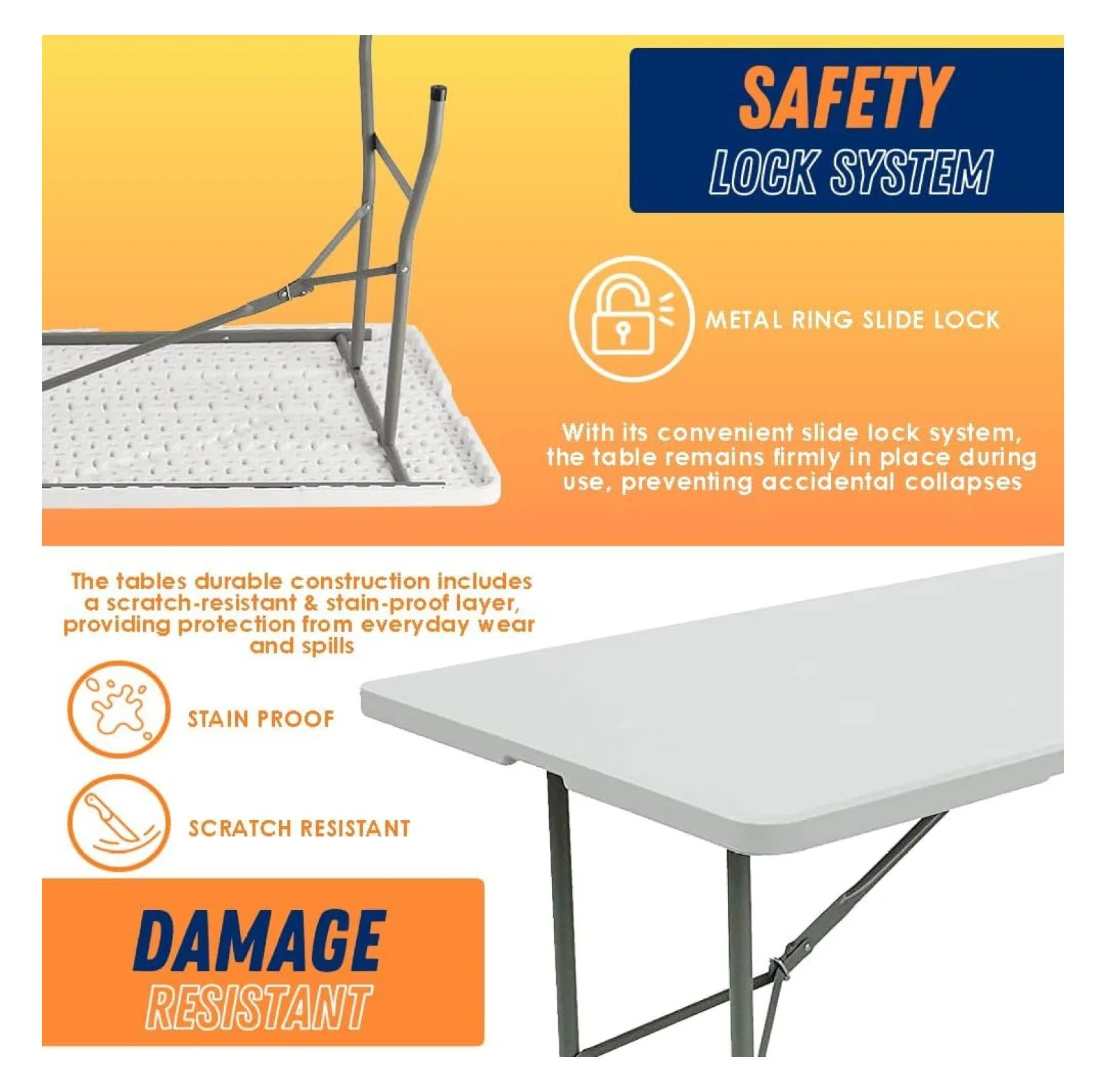 8FT Folding Table Indoor Outdoor Heavy Duty Portable Folding Plastic Dining Table w/Handle, Lock for Picnic, Party, Camping White (4ft, 6ft, 8ft) (8ft) - Image 3