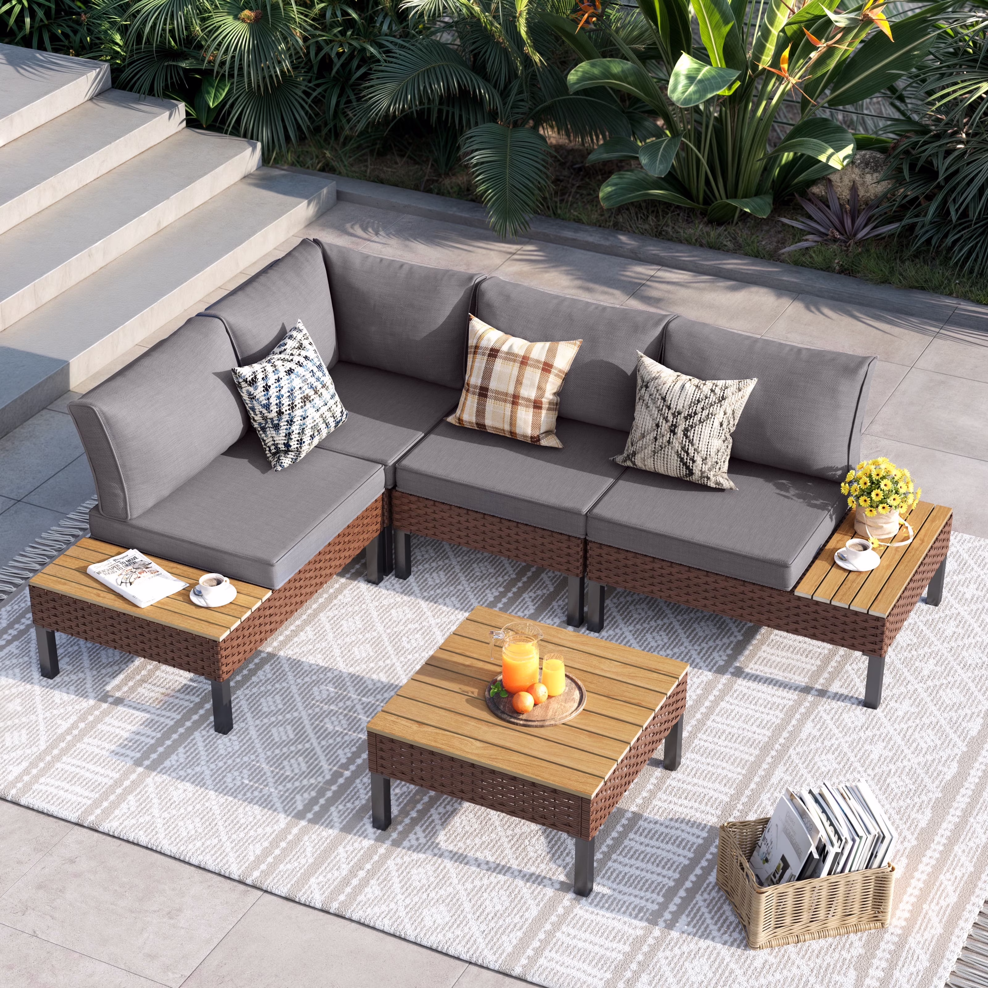 ELPOSUN L Shaped Conversation Sectional Sofa Set with Coffee Table, 5 Pieces Patio Furniture Seating Group with Side Table for Backyard Garden, Beige Grey