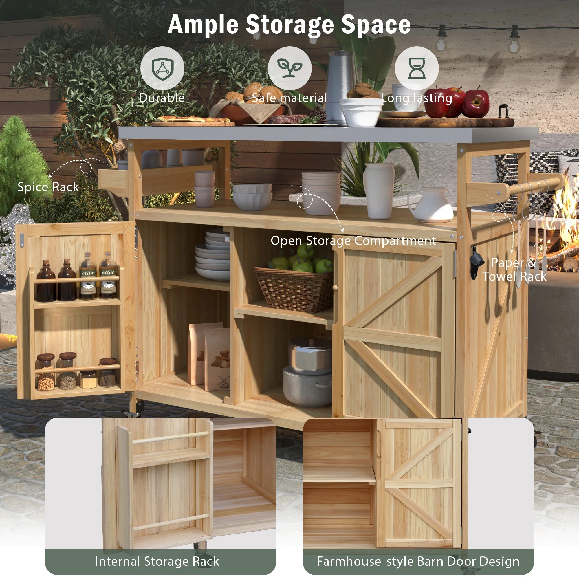 Outdoor Serving Cart Kitchen Island Solid Wood Mobile Rolling Bar Cart with Lockable Wheels, Rack and Stainless Steel Top Beverage Storage Counter Table with Cabinet for Patio, Natural(Natural/Style 1) - Image 4