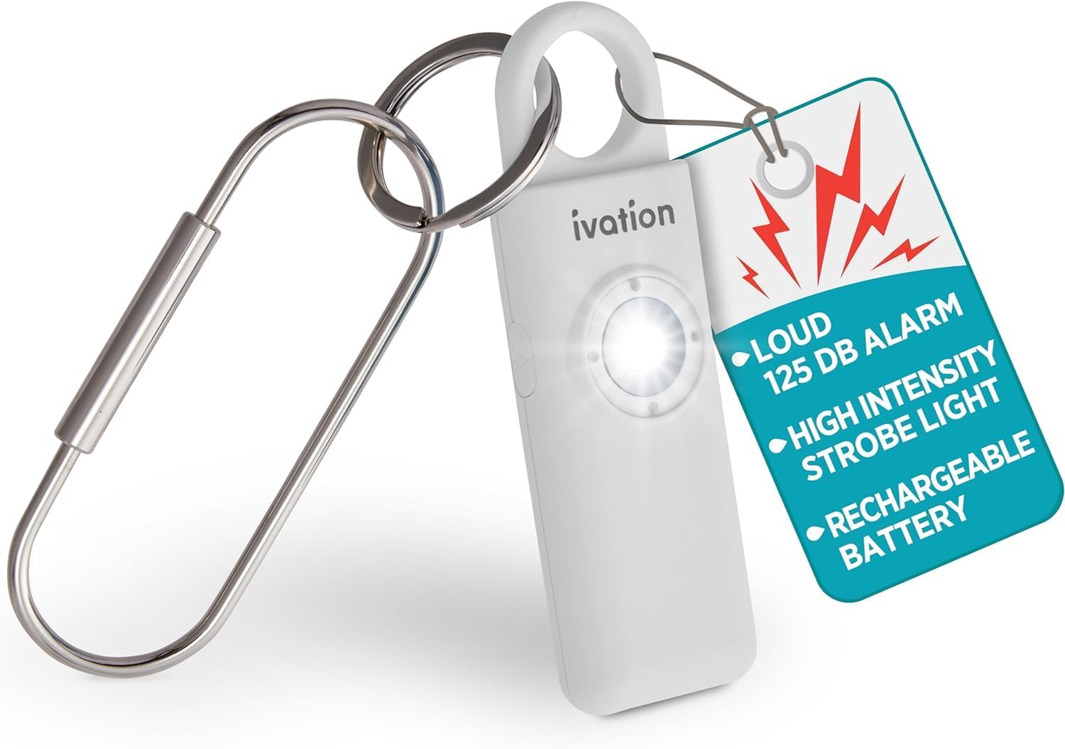 Ivation Personal Rechargeable SOS Alarm, Pocket Size Loud 130dB Sound Safety Siren & LED Panic Strobe Light with Carabiner Keychain Clip for Women, Children & Seniors, White