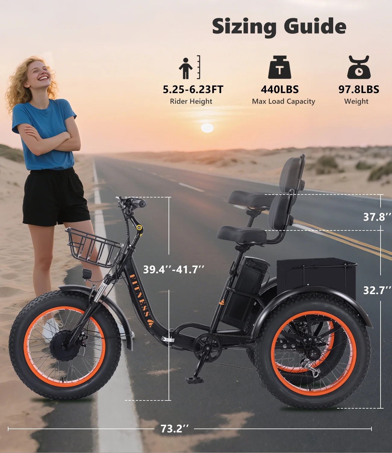 Electric Tricycle for Adults Folding E-Trike Motorized Tricycle Electric 3 Wheels Trike Powerful 500W Motor Electric Tricycle 48V15AH Lithium Battery Max 20MPH 20*4.0�� Fat Tire Orange(Black Orange) - Image 2