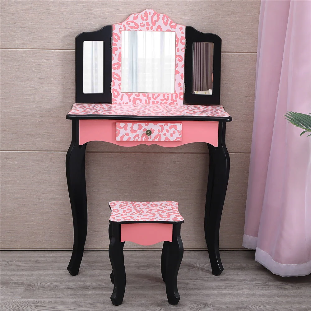 Kids Vanity Table and Stool Set with 3 Mirrors, Pretend Play Princess Makeup Dressing Table,Children's Furniture(Blue) Image 5