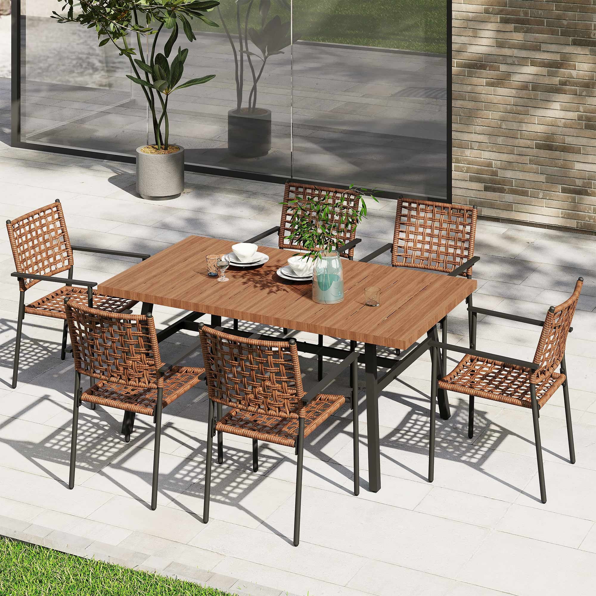 LAUSAINT HOME 7-Piece Outdoor Patio Dining Set, Rattan Chair and Wood-Grain Table, All-Weather Furniture for Garden or Backyard