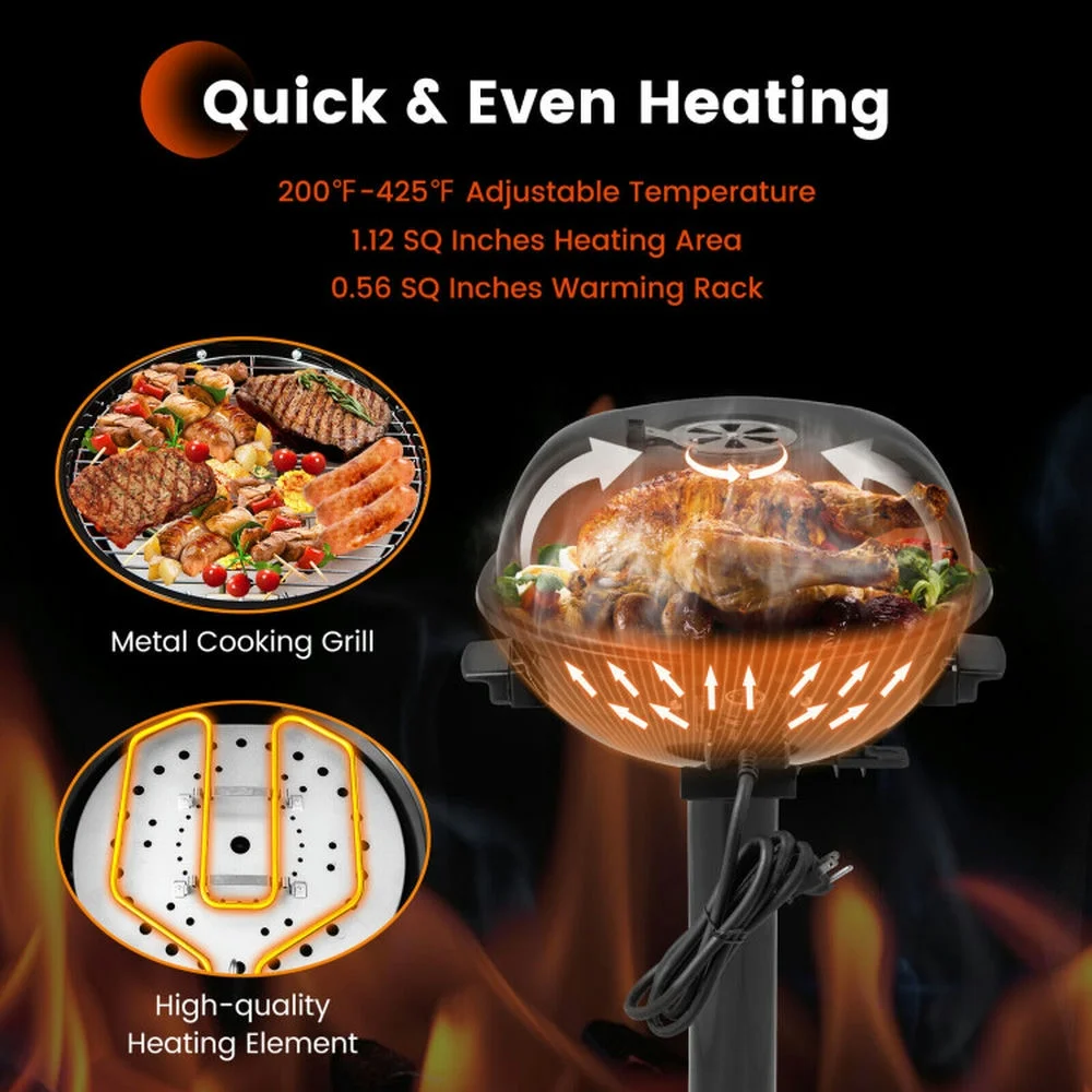 1600W Electric BBQ Grill with Removable Non-Stick Warming Rack, Cooking Space for Backyard, Patio and Parties(Black) - Image 4
