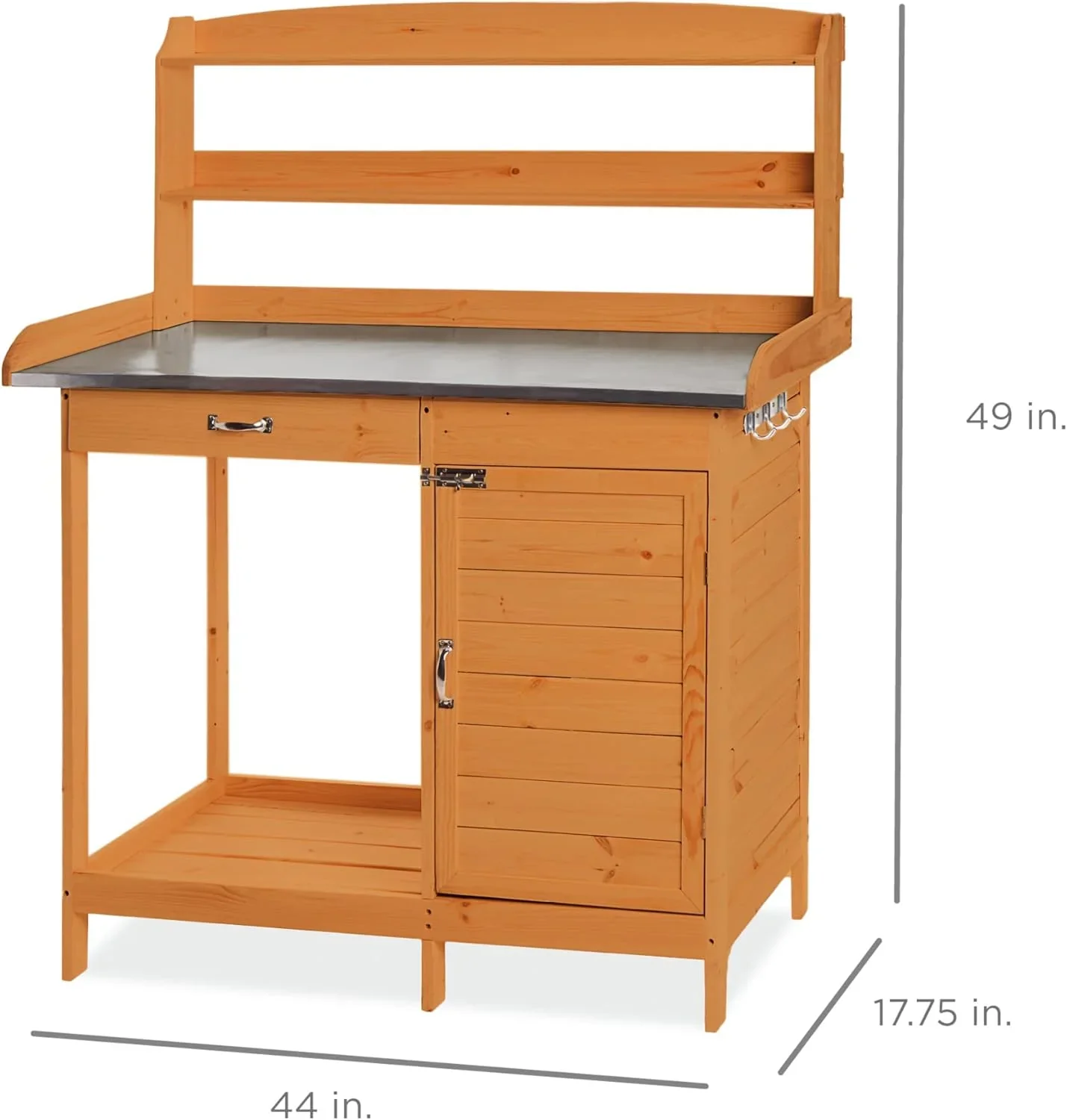 YUONAO Outdoor Garden Wooden Potting Bench with Metal Table Top, Pre-Stained Finish, Cabinet & Sliding Drawer �C Storage Shelf for Backyard, Patio, Garden Use