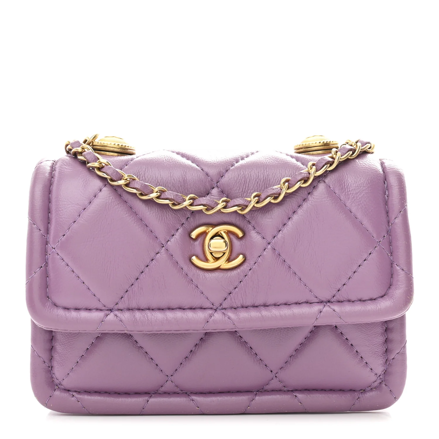 Shiny Lambskin Quilted Extra Mini Flap Purple