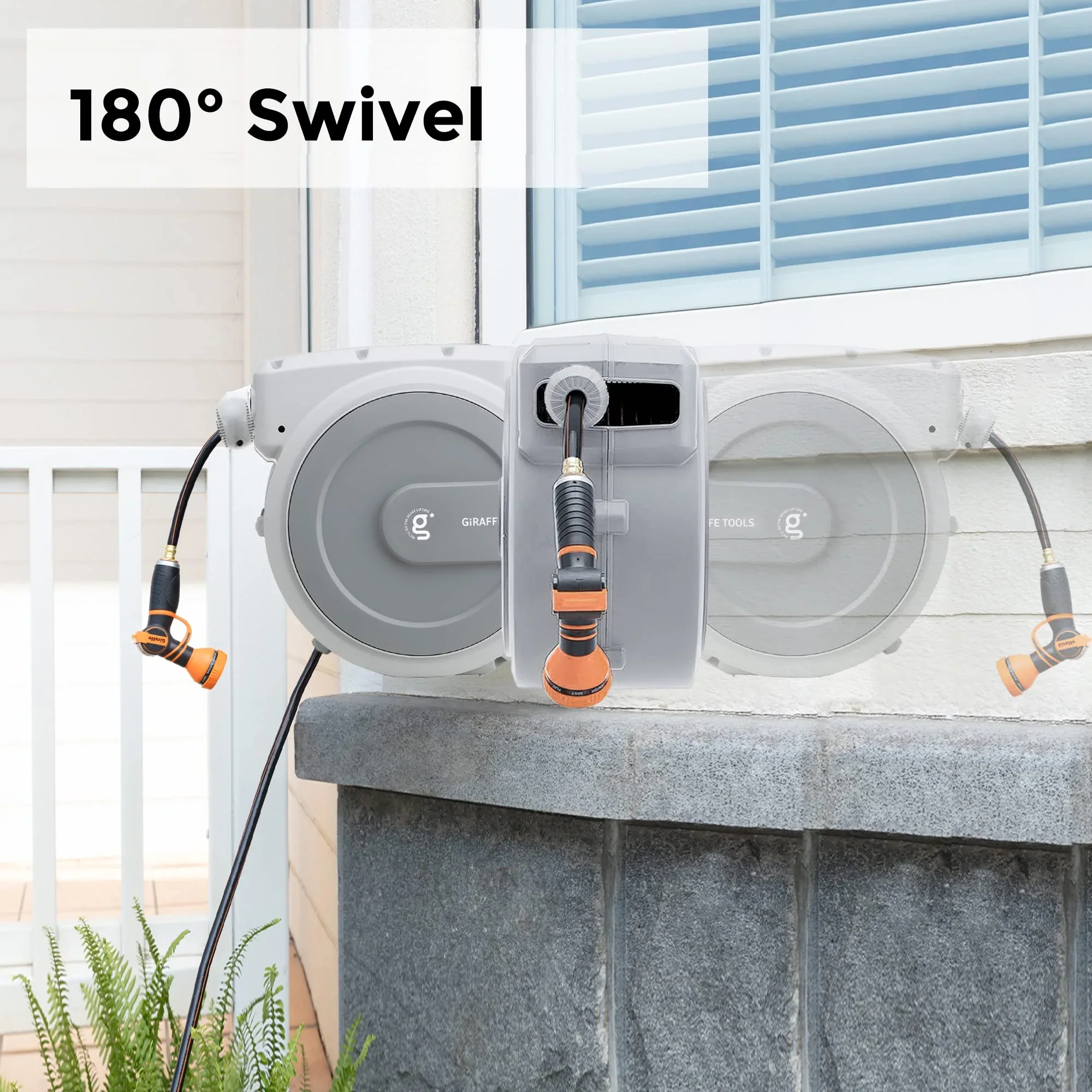 Giraffe Tools Retractable Garden Hose Reel with 1/2in-100ft Water Hose, Plastic Bracket, Wall Mounted, Dark Grey
