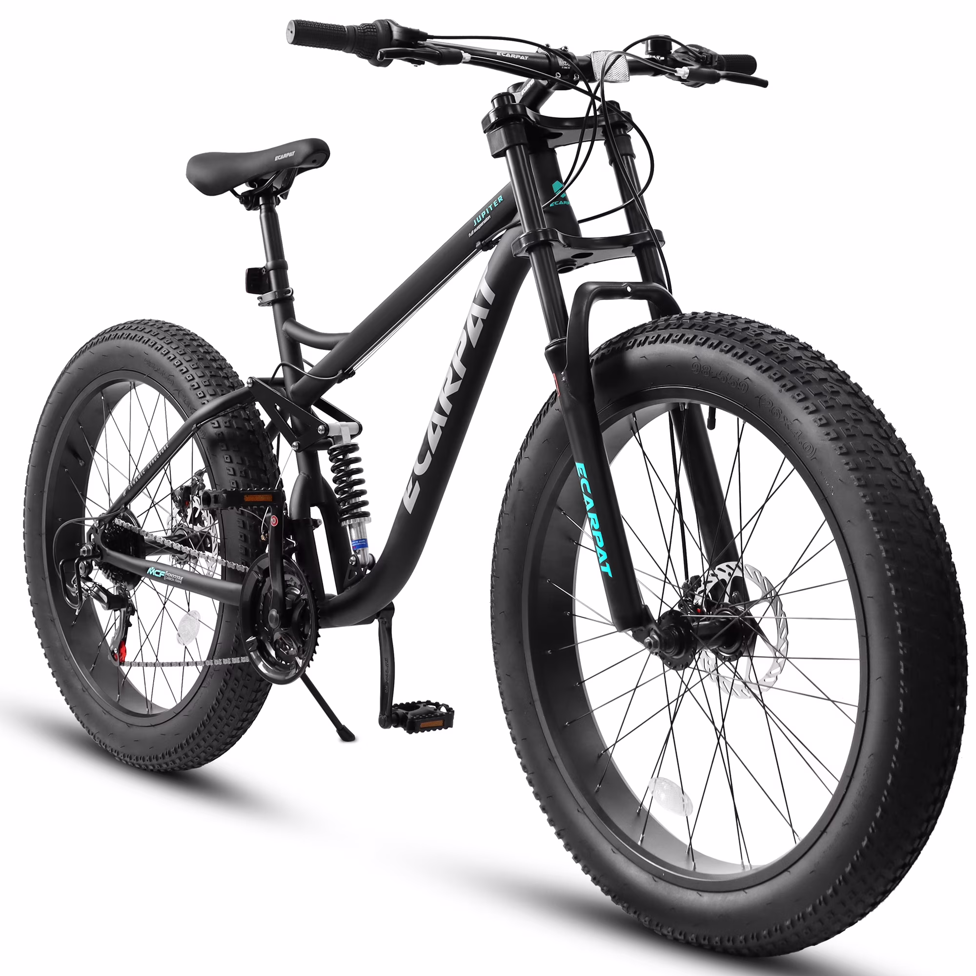 26" Fat Tire Mountain Bike with Full Suspension 4" Wide All-Terrain Tires 21-Speed Drivetrain Outdoor Bike for Men/Women 85% Pre-Assembled Durable Design(Black)