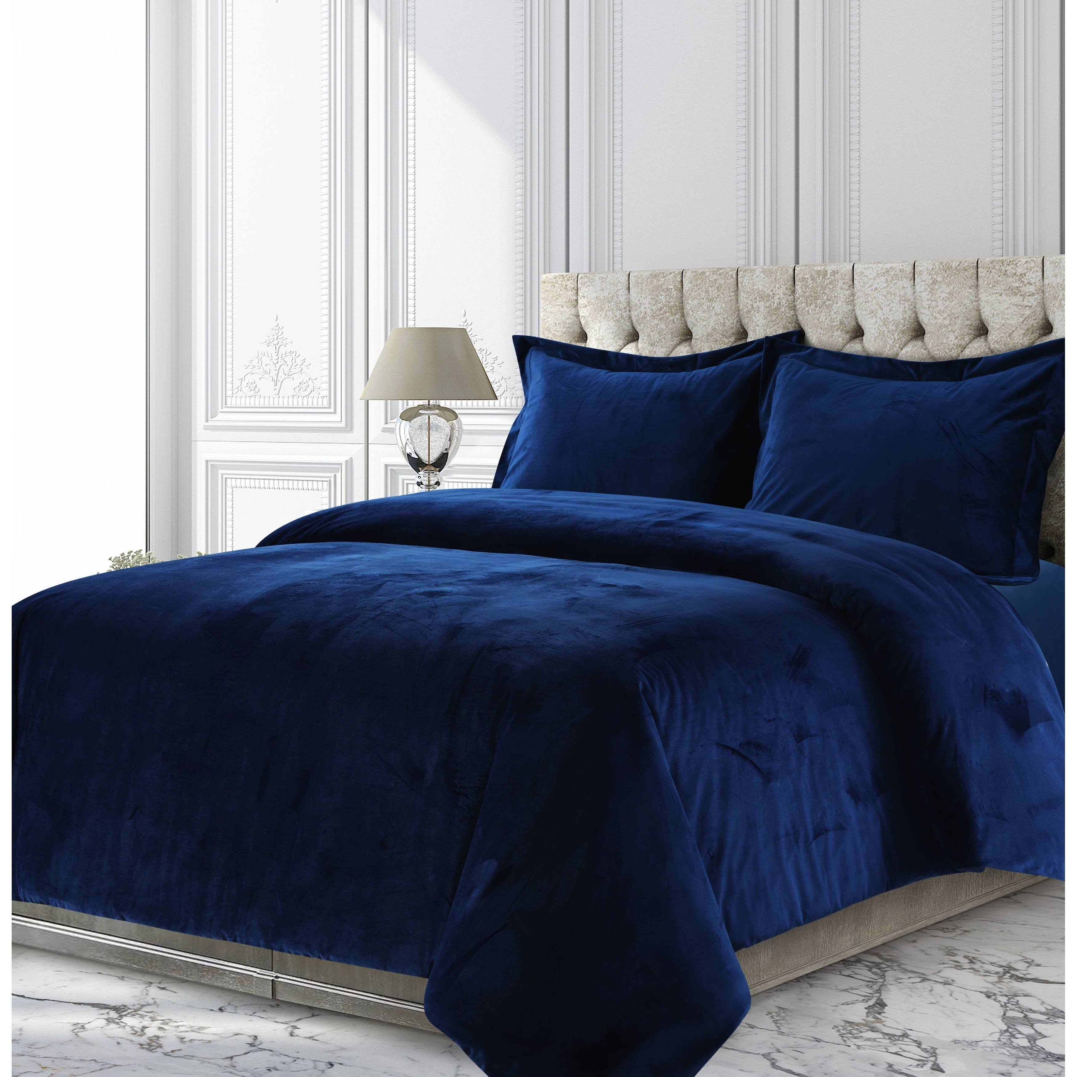 Tribeca Living VENICEDUVETKINB Venice Velvet Oversized Solid Duvet Set, King, Navy Blue