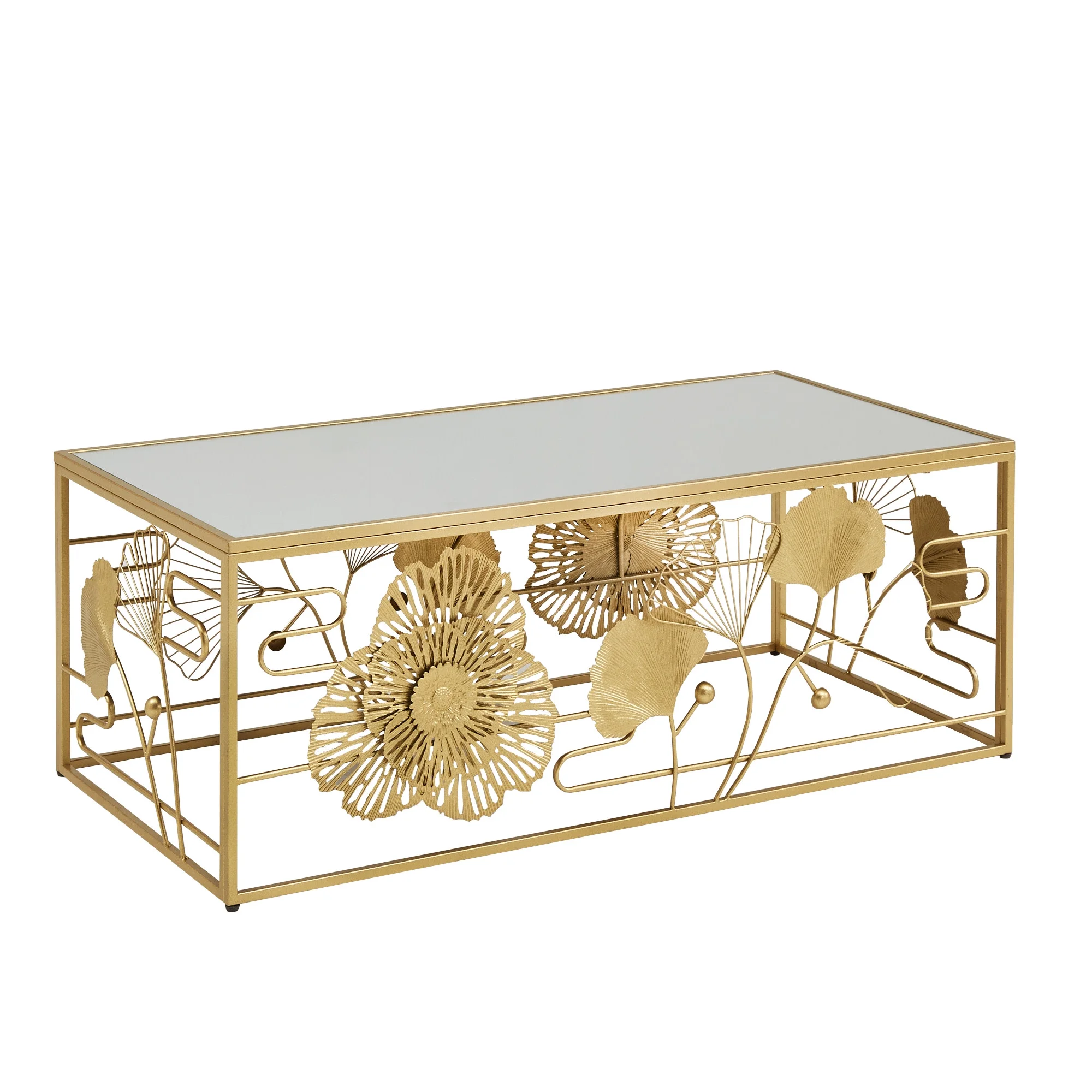 Ditmas Glam Peony and Ginkgo Rectangular Coffee Table with Mirror Top, Gold(Gold) - Image 2