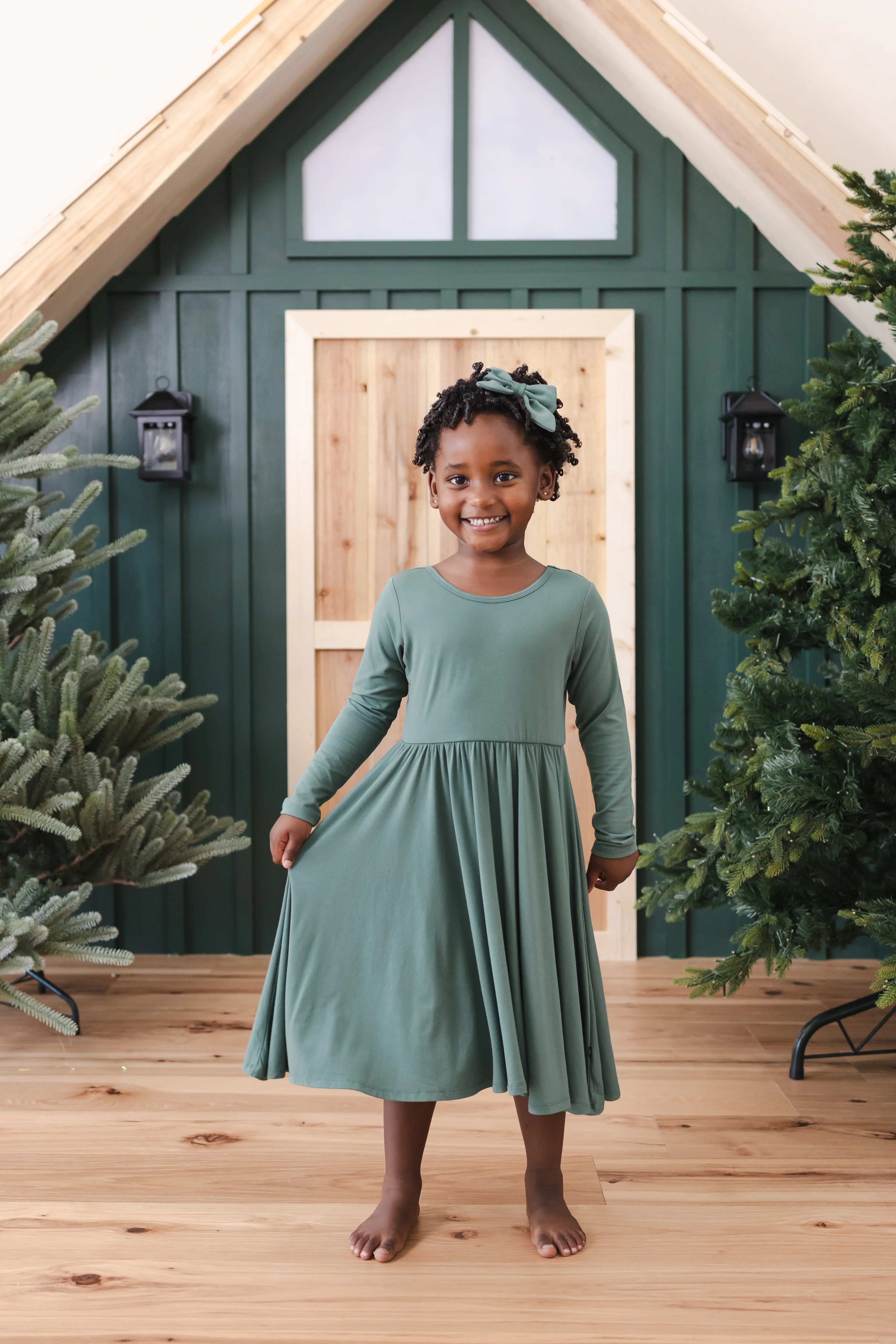 Long Sleeve Twirl Dress in Pine