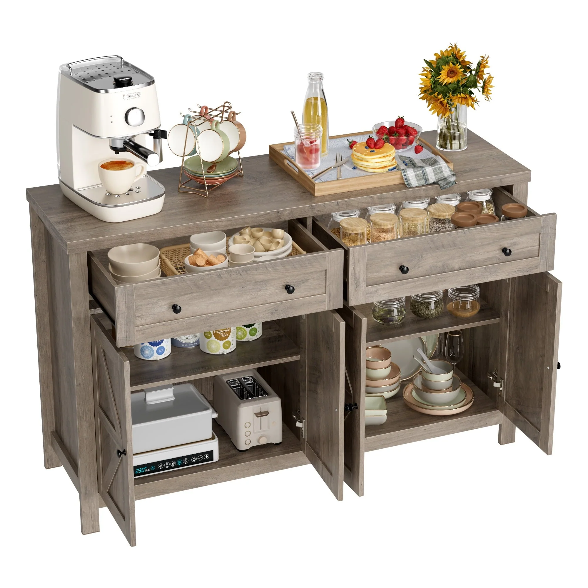 Homfa Farmhouse Kitchen Storage Cabinet, 4-Doors 2-Drawers Wood Buffet Sideboard for Dining Room Living Room, Gray(Brown)