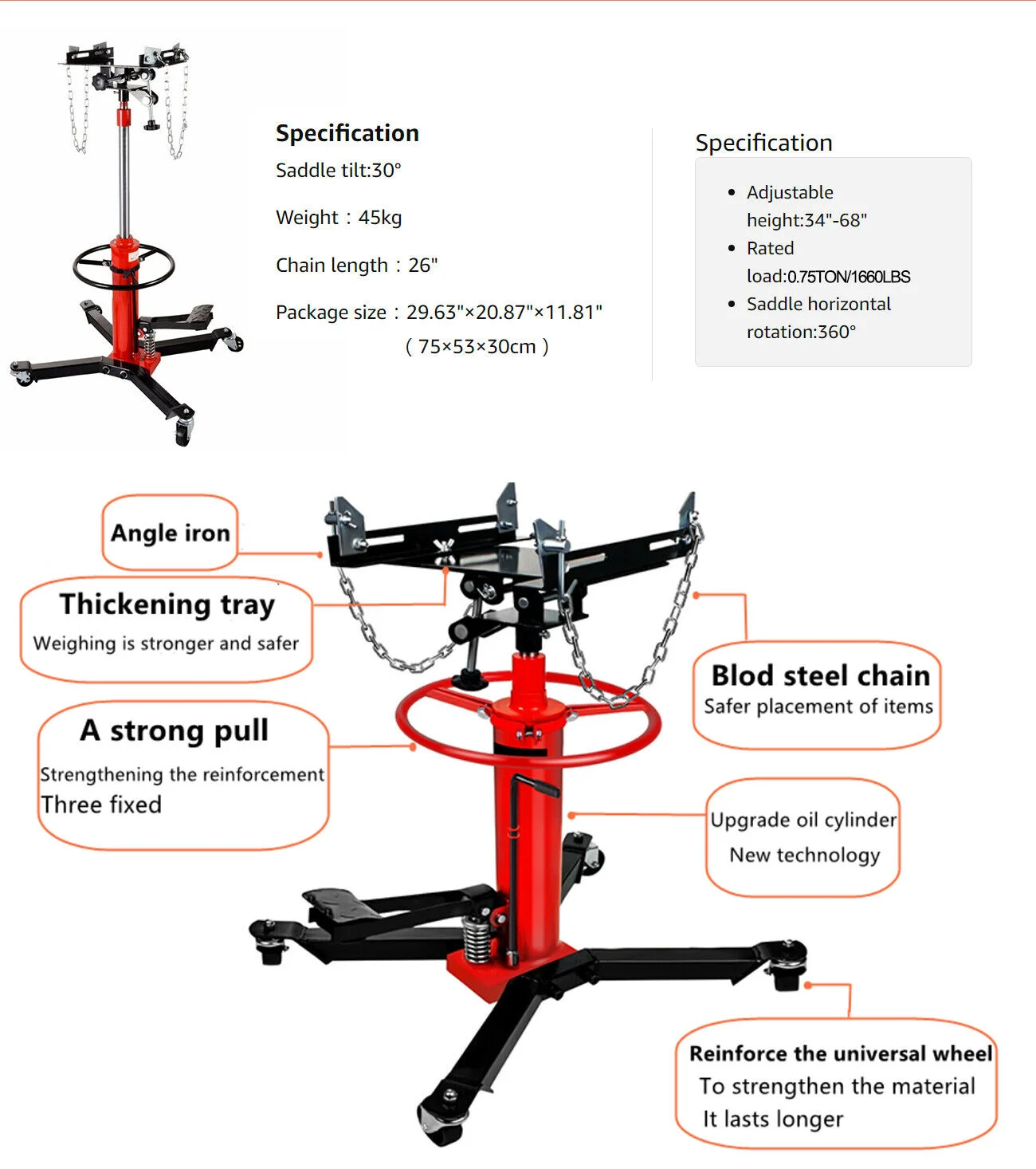 Transmission Jack 3/4 Ton Hydraulic 1660 LBS High Lift Floor Jack Stand Red - Image 6
