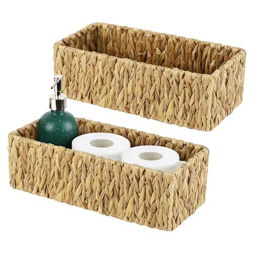 Coastal Rose 2 Pack Wicker Baskets For Organizing, Wicker Tank Topper Baske,Hand-Woven Natural Water Hyacinth Storage Baskets For Bathroom