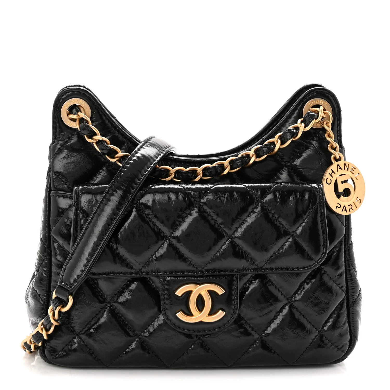 Shiny Crumpled Calfskin Quilted Small Wavy CC Hobo Black