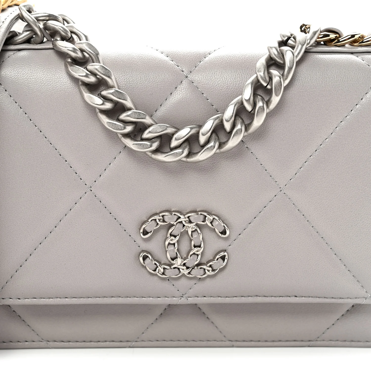 Lambskin Quilted Chanel 19 Wallet On Chain WOC Grey
