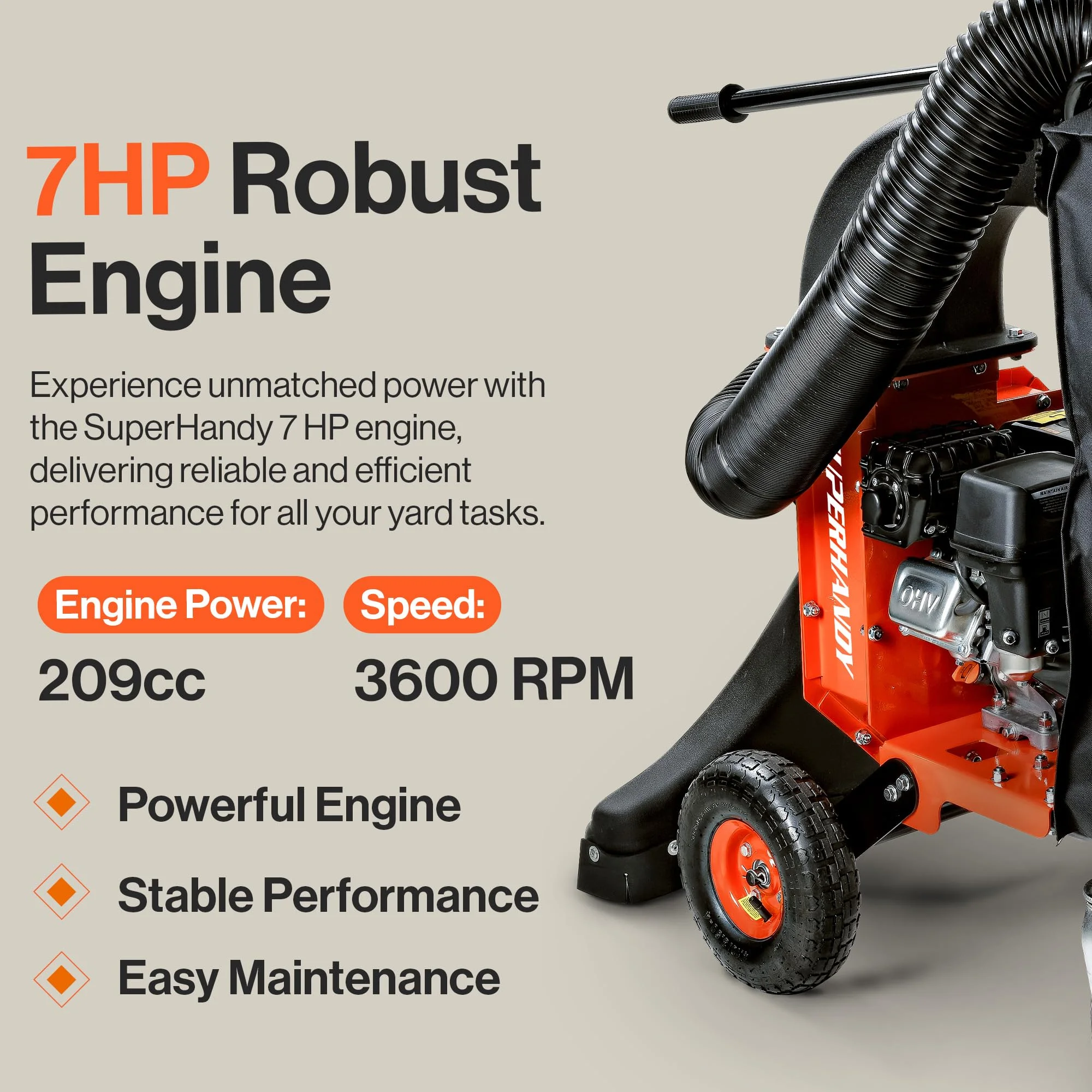 Superhandy Leaf Vacuum & Wood Chipper - 7 HP 209CC Gas Engine, 10:1 Mulch Ratio, 6 Bushel Bag Capacity, Castor Wheels, Dual Function: Walk - Behind Leaf Vacuum Mulcher & Wood Chipper