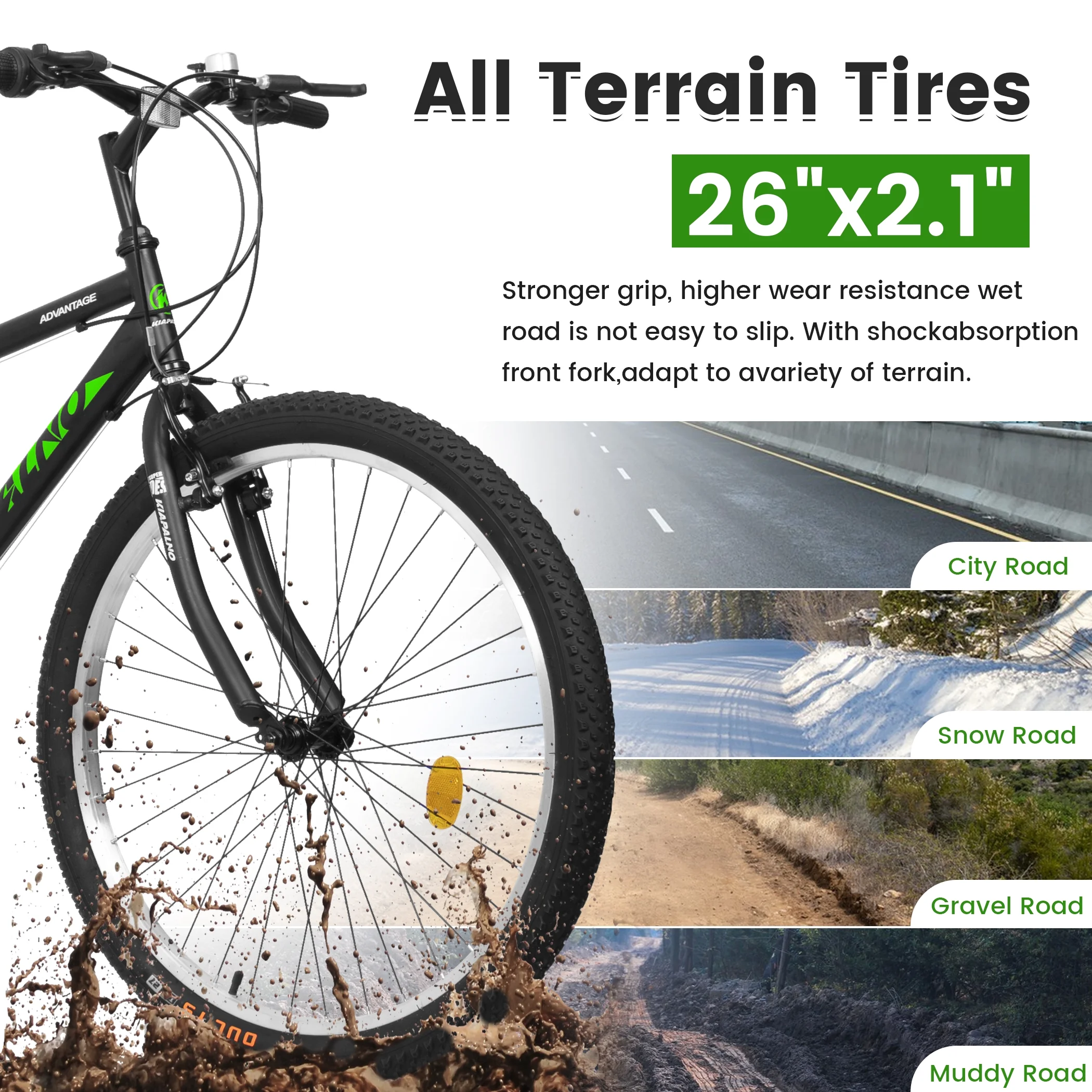 26" Mountain Bike for Men and Women, 21-Speed High-Performance All-Terrain Bicycle with Dual V-Brakes,Green(Green A) - Image 4