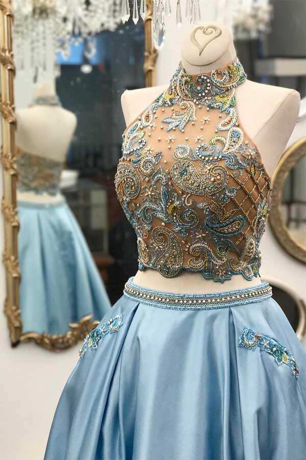 Two Pieces A Line Red Prom Dresses With Pockets, Halter Beaded Evening Dress DMJ60