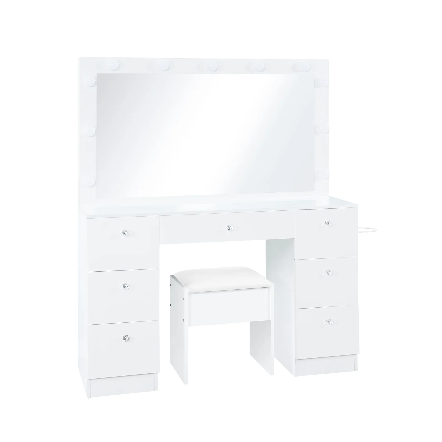 Naomi Home Vera Makeup Deluxe Vanity Table Set, 7 Drawers, 11 Lights, Oversized Mirror, White(White)