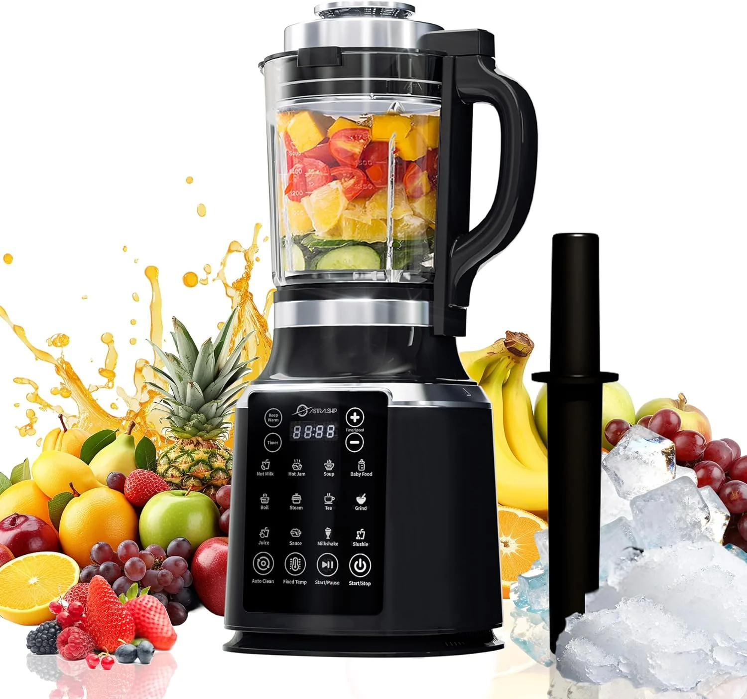 Blender en verre pour la cuisine – Blender professionnel en acier inoxydable pour smoothies, moteur de 1500 W, robot culinaire combiné, 9 vitesses réglables, 14 programmes prédéfinis, bol en verre sans BPA, laits végétaux, soupes