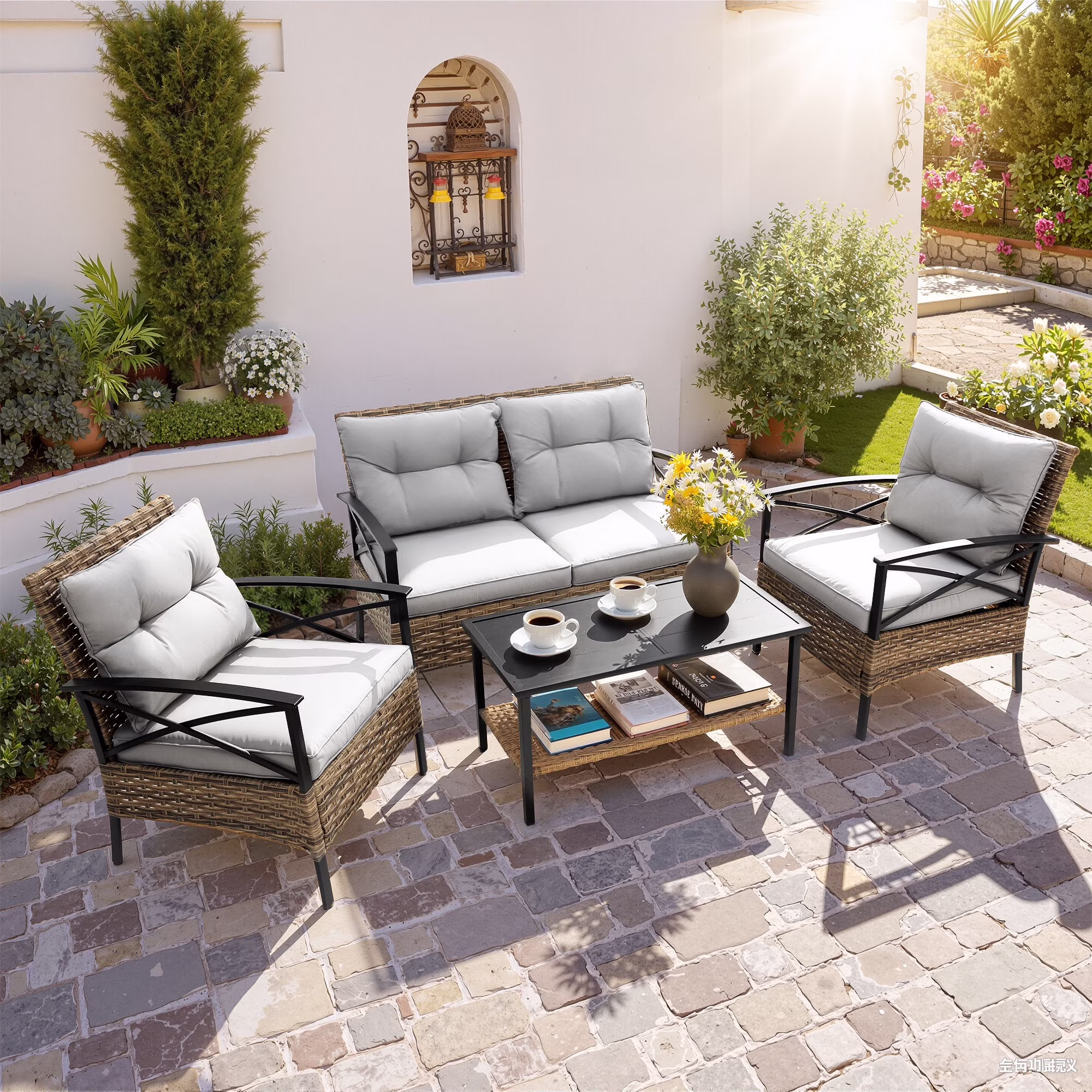Patio Sofa Set, 4 Pieces Outdoor Sectional Furniture, All-Weather PE Rattan Wicker Patio Conversation Set, Cushioned Sofa Set with Coffee Table for Patio Garden Poolside Deck