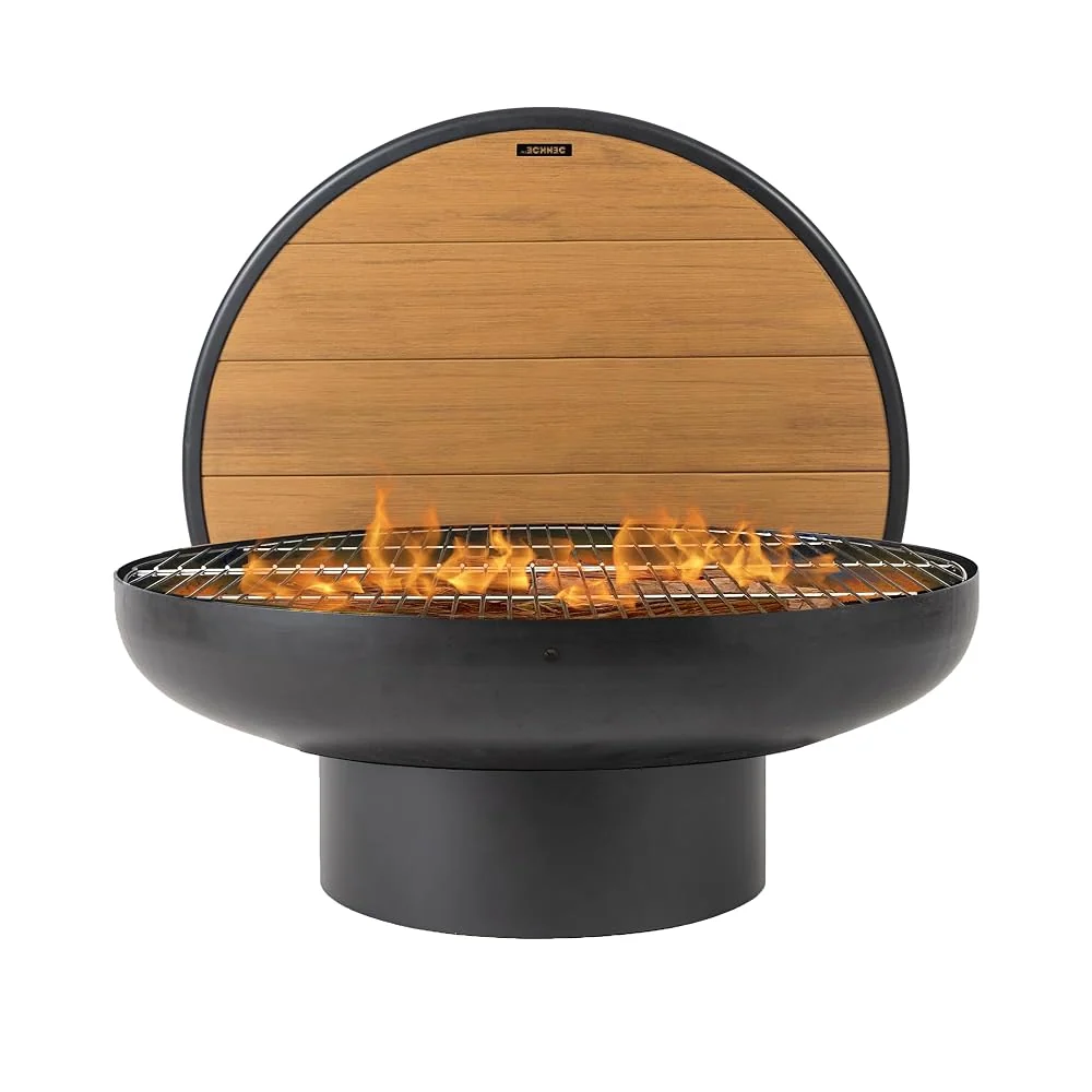 DENKOE 32 Inch Round Fire Pit Table with Fire Pit Grill, Extra Thick, Heavy Duty Fire Bowl, Deep Outdoor Firepit, Wood Burning Firepits for Outside Patio, Backyard Fire Pits, Large BBQ Pit