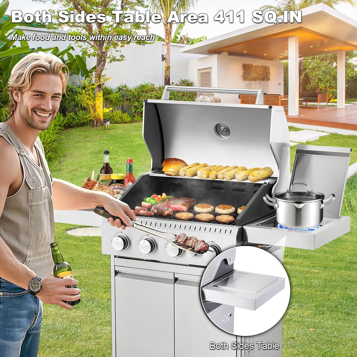 Upgraded 4 Burner Bbq Propane Gas Grill with Cast Iron Grates & Side Stove, 44,000 btu Stainless Steel Burner Barbecue Grill for Patio,…