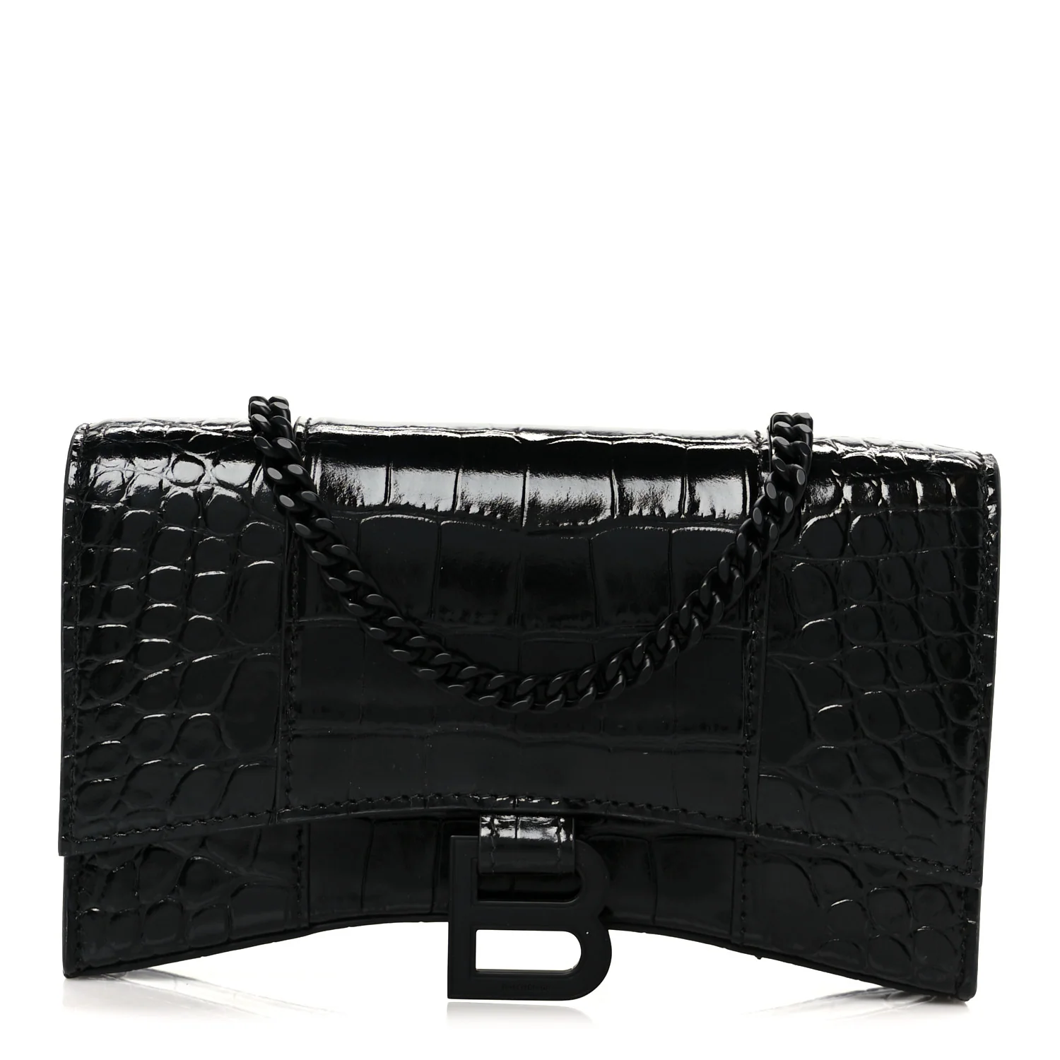 Shiny Calfskin Monochrome Crocodile Embossed Hourglass Chain Bag Black