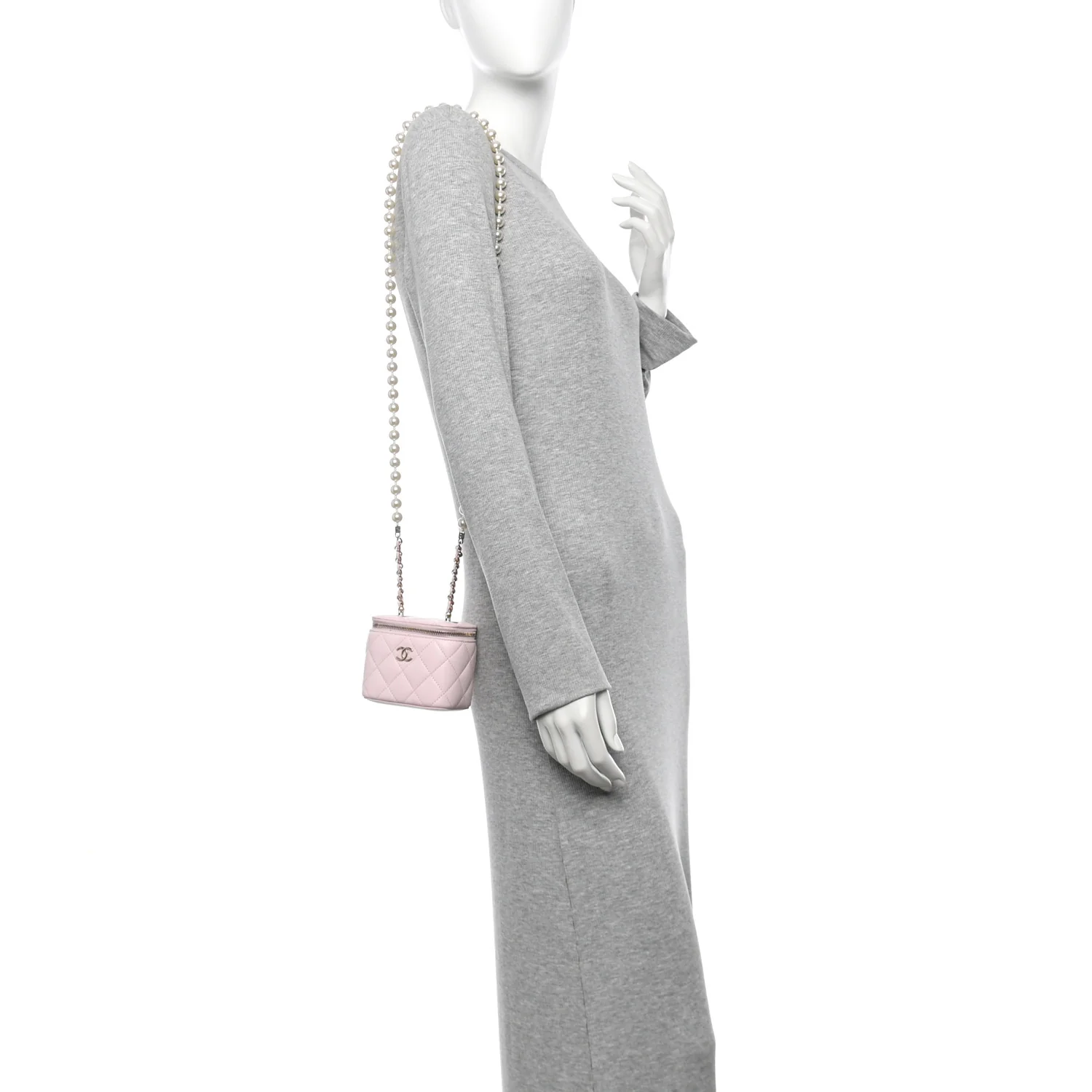 Lambskin Quilted Mini Vanity Case With Pearl Chain Light Pink