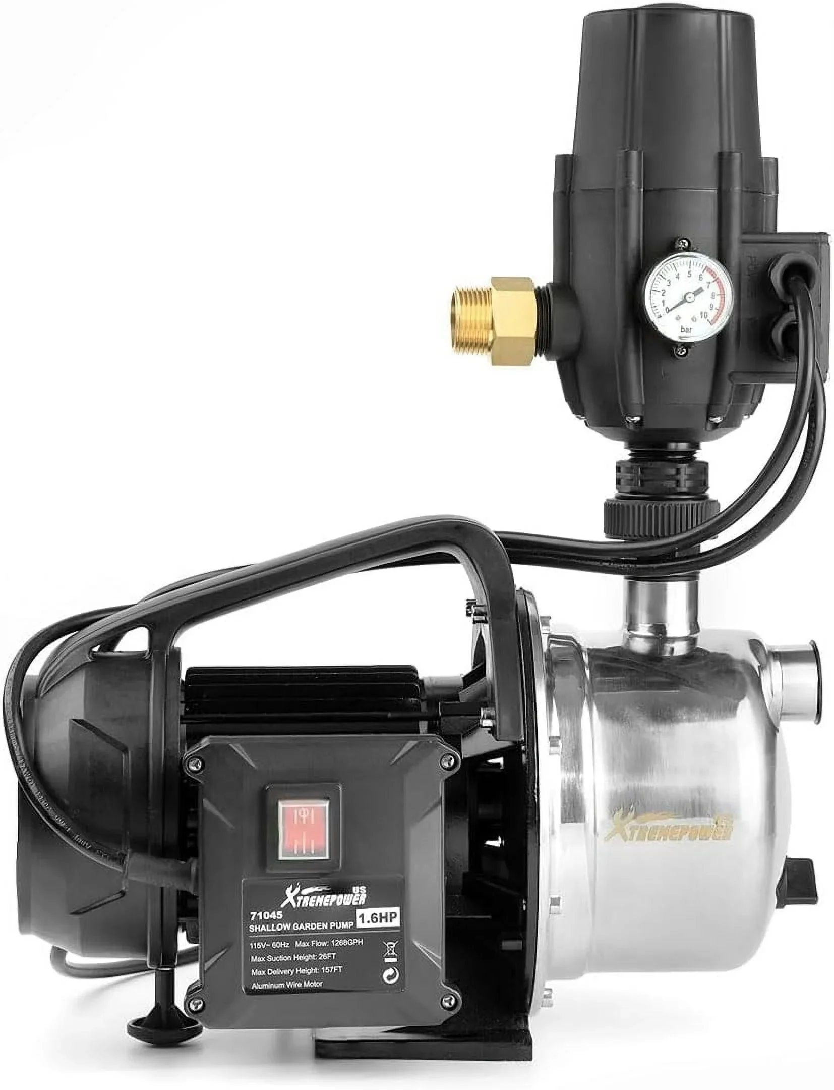 XtremepowerUS 1.6HP Portable Shallow Well Pump, 1268 GPH 120V With Controller, Stainless Steel, For Sprinkler, Irrigation, Garden, Lawn Water Transfer